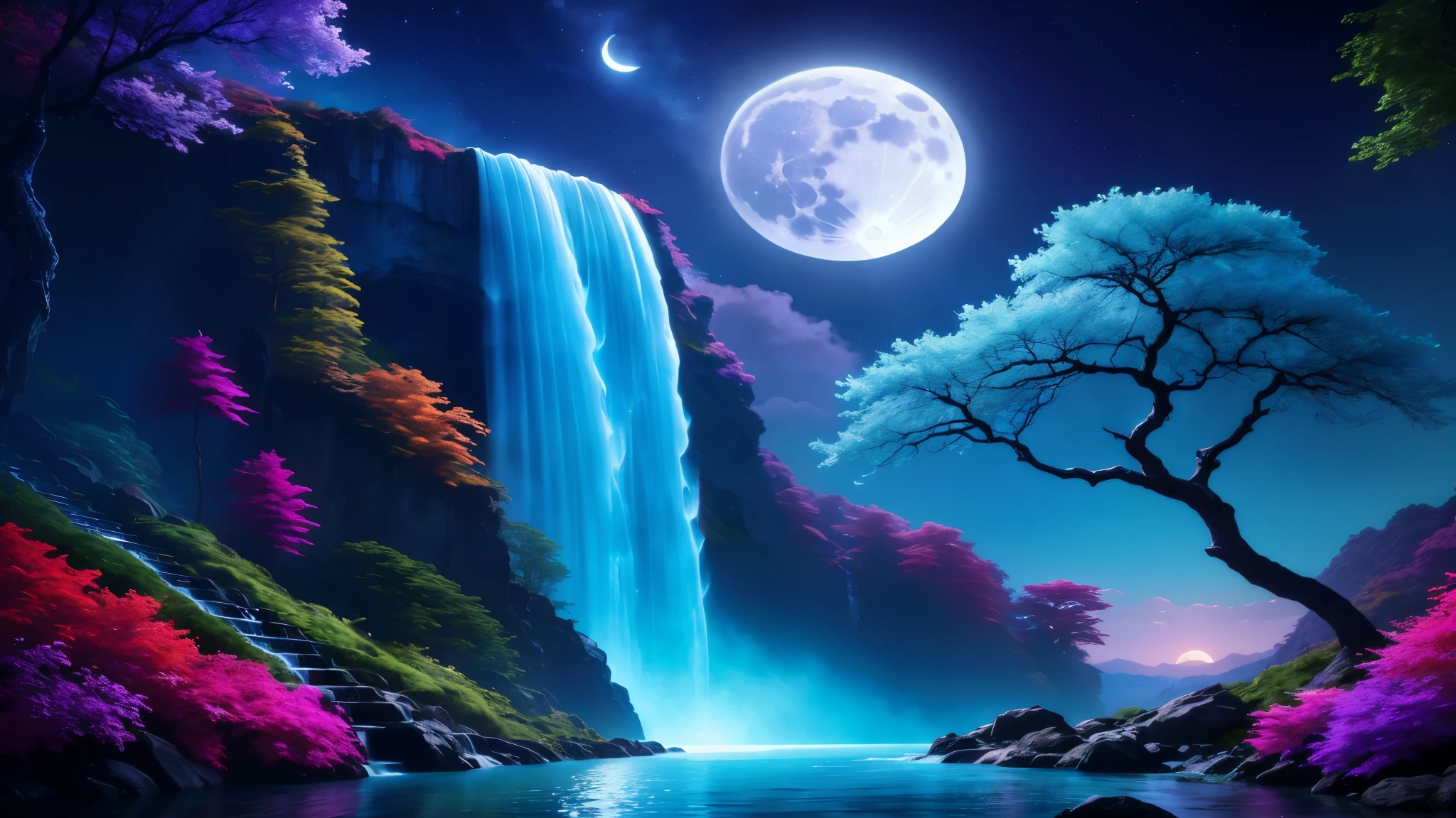 il y a une cascade au milieu d'a forest with the full moon, bel art uhd 4k, Beau clair de lune night, belle cascade paisible, work of'breathtaking art in 8,000, Epic dreamlike fantasy landscape, Beautiful detailed fantasy, beautiful superbe cascade, Beau fond d'screen iPhone, Fond d'screen vertical 4K, Fond d'screen vertical 4k, Beau fond d'screen, Beau clair de lune, superbe cascade