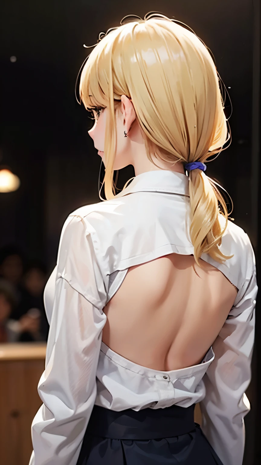 blonde、girl、back view、blurred background