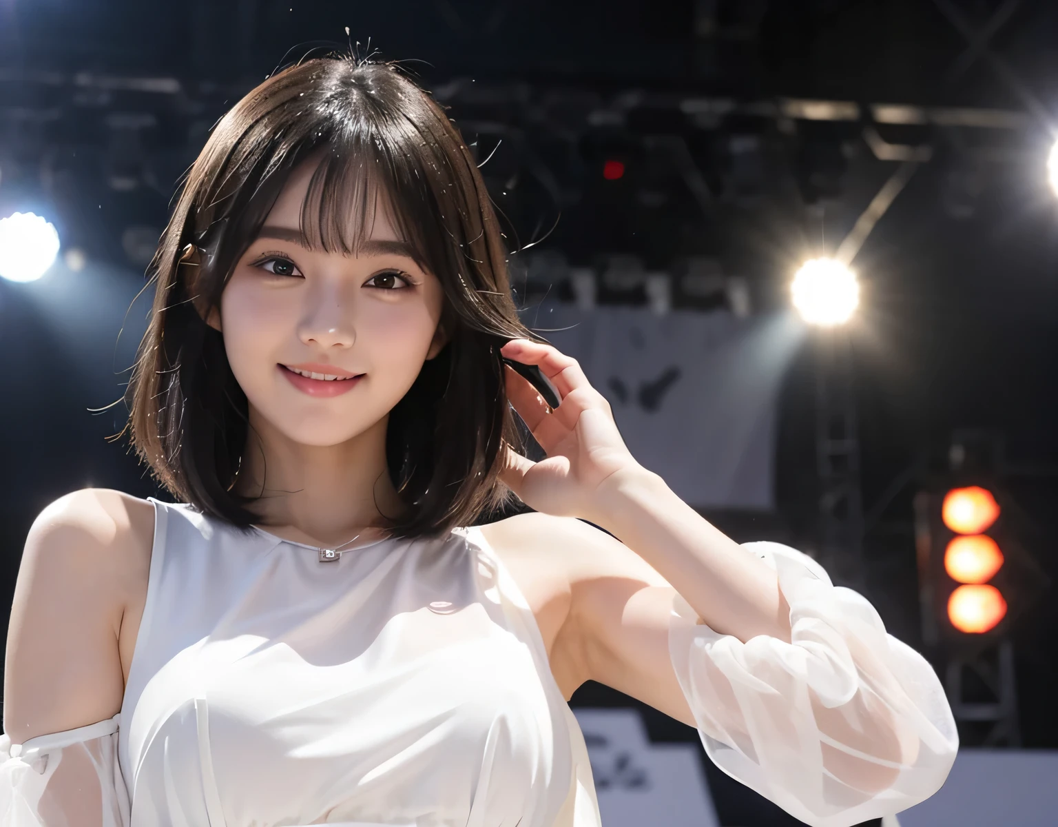 high quality、Realistic and photo-like、15 year old beautiful girl、Costumes worn by Japanese idols、see-through white dress、The lines of the body are clearly visible、Be in the spotlight on stage、Black hair smiling shyly、have bangs、Fair skin、thin eyebrows、bob hair、big breasts、A presence that is out of this world、