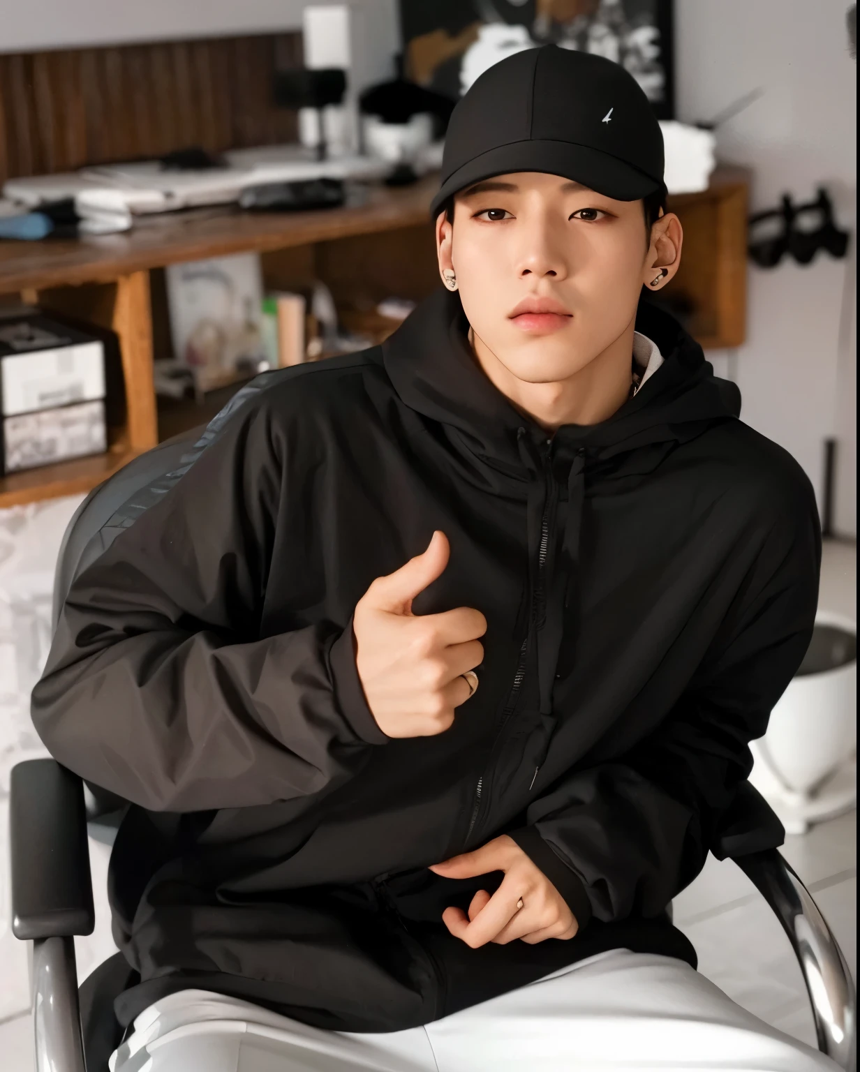 A handsome Asian man, black hair with crew cut hair style, wearing a black hoodie write "SANG PENULIS", torn black jeans. Sitting on a plastic chair and leaning back, exhaling smoke from his mouth, smoking casually, also giving a smoke effect. White painted wall background. Hyper Realistic. Ultra HD. Photography. Very Details