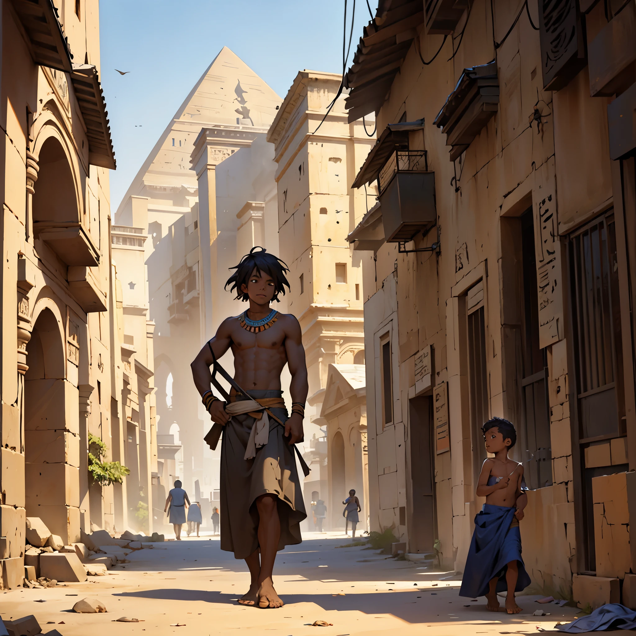 There is a 4--old , shirtless, wearing an ancient black Egyptian skirt, barefoot, homeless, looking for food in the garbage of a city in ancient Cairo, pyramids and palaces are seen in the background.