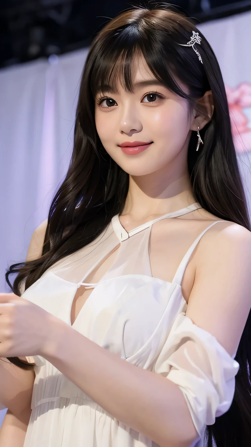 high quality、Realistic and photo-like、 beautiful girl、Costumes worn by Japanese idols、see-through white dress、The lines of the body are clearly visible、Be in the spotlight on stage、Black hair smiling shyly、have bangs、Fair skin、thin eyebrows、long hair、big breasts、A presence that is out of this world、