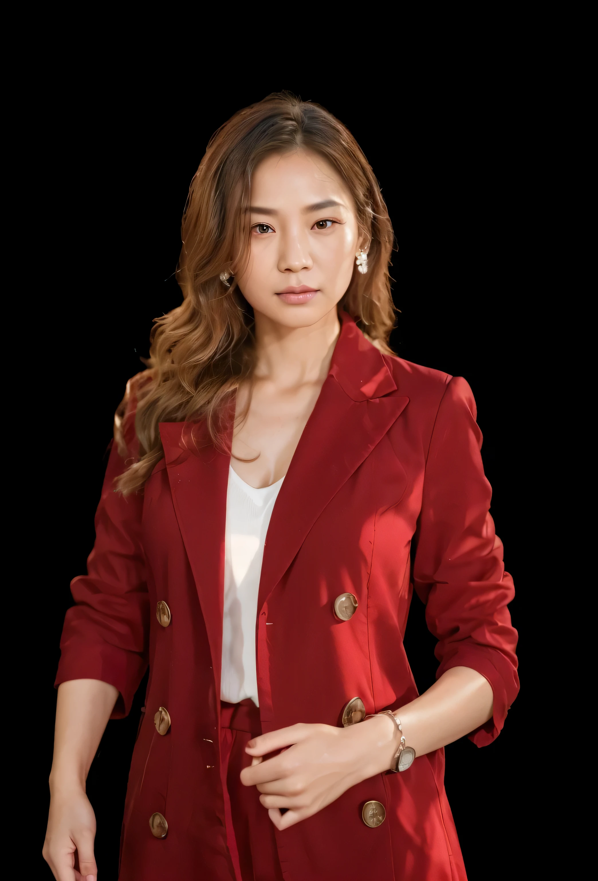 Portrait photo of a 40-year-old Chinese lady,Facial emaciation,Wrinkled face,good facial features,symmetrical facial features,Symmetrical ears、clear,五官超clear真实感,natural hair,A bit naturally curly,wearing red clothes,衣服的纹理clear,超clear紋理,Show your hands,双手clear自然,no extra fingers,Camera shooting effect,natural light and shadow,超clear真实感,The eyes and face are very detailed,Super detailed, HD, (photorealistic: 1.2) (Vague: 1.2) (Delicate skin: 1.3) (light: 1.3) (sharp focus), skin shiny, digital monocular, 柔和的light, high quality, Texture, film grain, close up, ultra high resolution