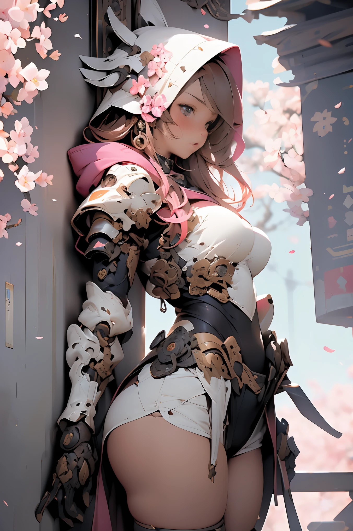 (masterpiece, top quality, best quality, official art, beautiful, cosmic, atmospheric, psychedelic, dreamlike, swirling psychedelic cosmic graffiti patterns,,aesthetic:1.2), (1girl, mecha, beautiful, sexy, beautuful highly detailed hooded mecha battle armor, mecha angel wings, tons of tattoos and piercings, super huge enormously gigantic tits, cleavage showing), extreme detailed,(fractal art:1.3),colorful,highest detailed, cherry blossoms blowing in the wind