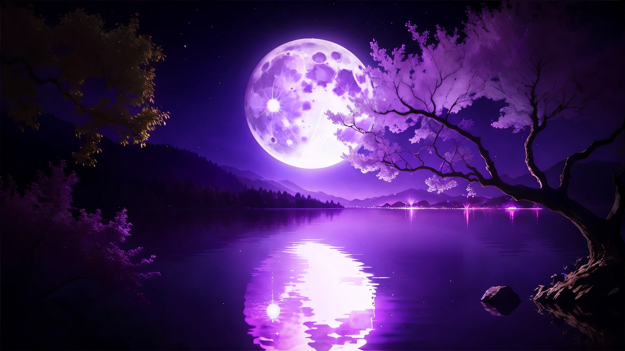 purple full moon over a lake with trees and a mountain in the background, ciel violet au clair de lune, Illustration de fond, Beau clair de lune night, Beau clair de lune, fond au clair de lune, traçage de rayons de lune bleue, atmosphère de rêve au clair de lune, lueur violette, Beautiful moonlight, grande lune rougeoyante, Violet brillant, Lune rose, magnifique fond, grande lune au dessus de l&#39;eau, ✨🕌🌙