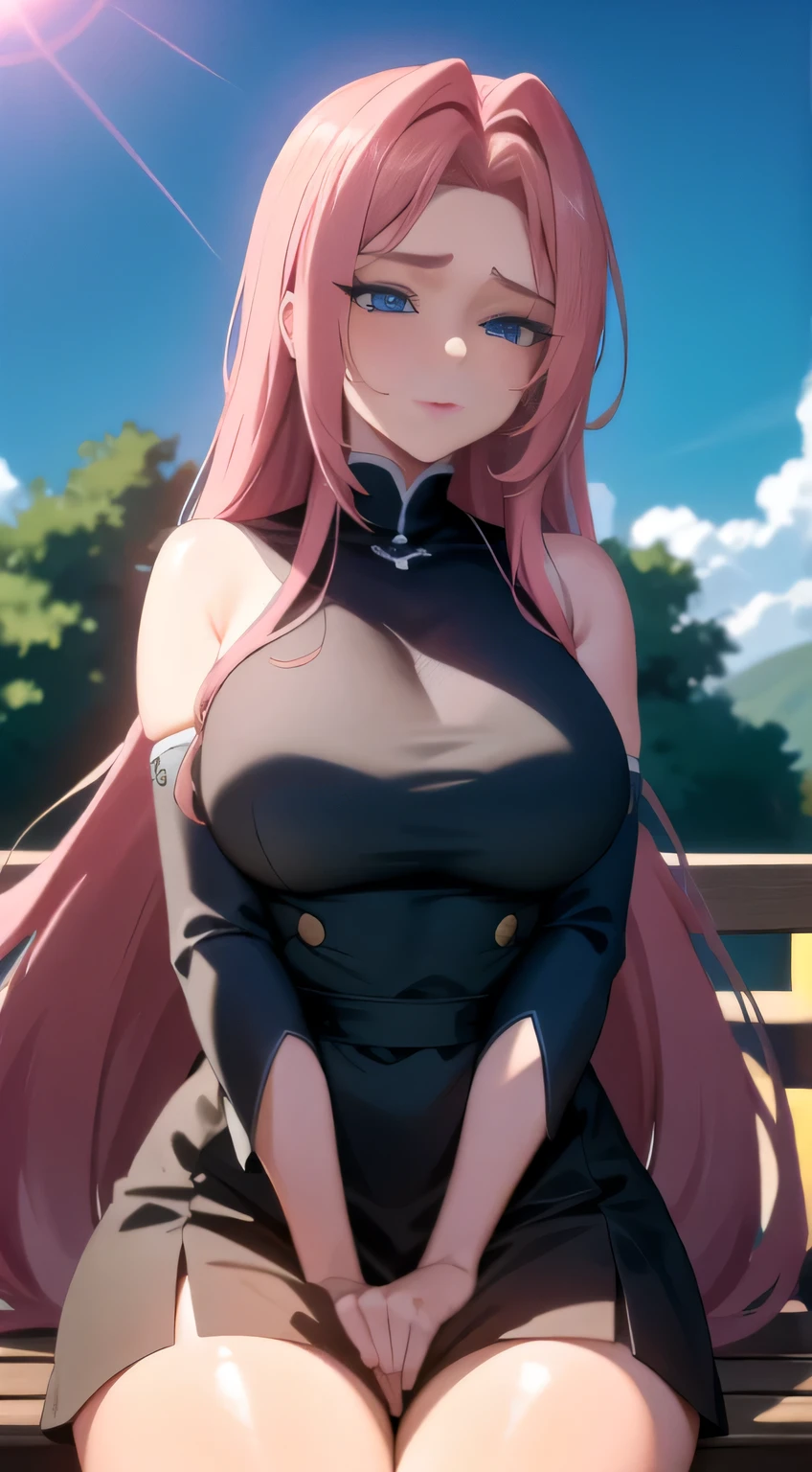 High resolution image of Micchon Shikimori, the solo anime girl, sitting calmly outside with a detailed background surrounding her. The sun sets, painting the sky with hues of orange and pink. Micchon's long pink hair cascades down her shoulders, gently caressing her detailed eyes, which hold the allure of ((blue eyes)). The masterpiece illumines, capturing every contour and wrinkle on her face, making this a beautiful and exquisite piece of art.