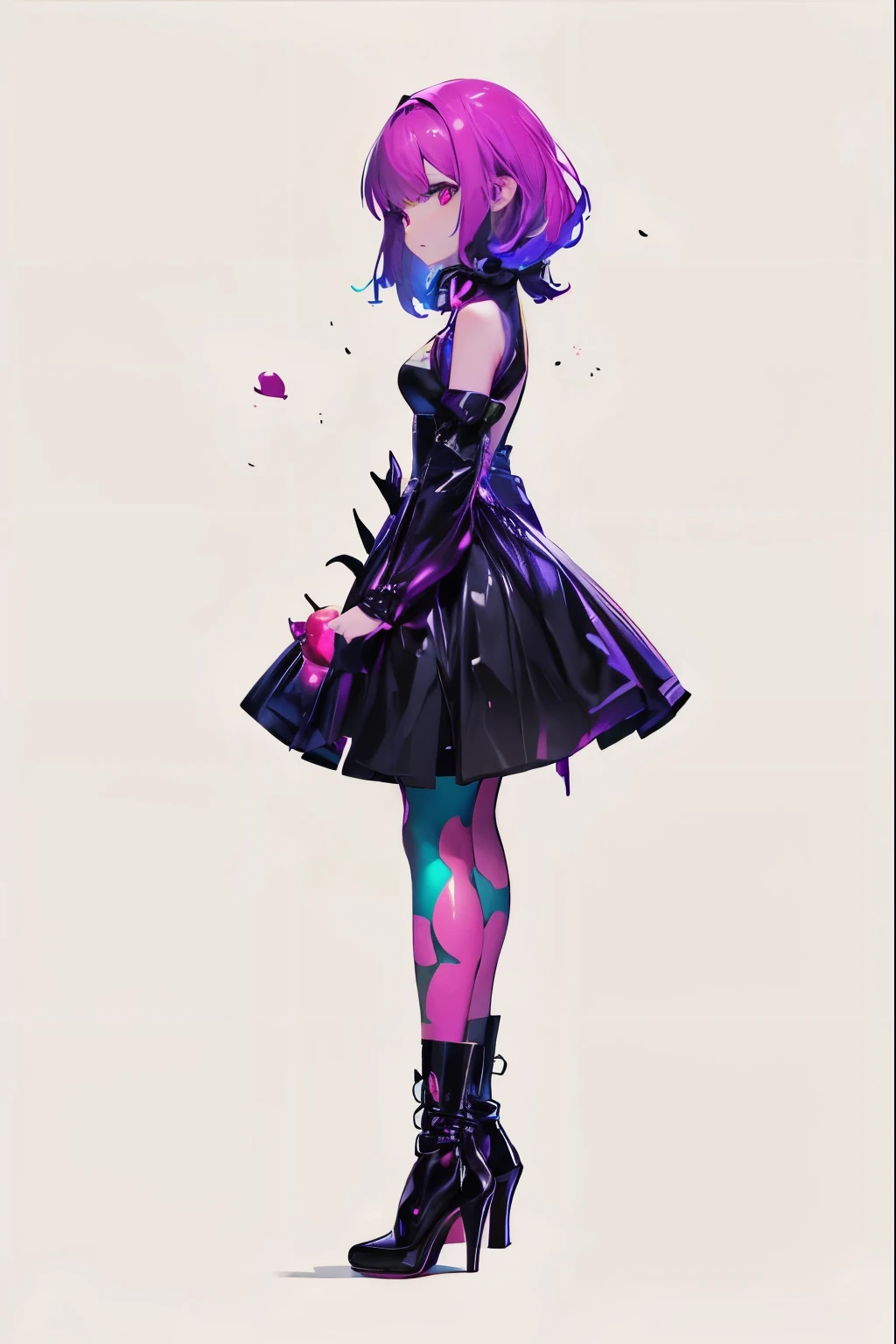 Woman facing sideways, woman's hair fluorescent pink, melted black costume, fluorescent stockings, poisonous apples, splashes of fluorescent poison, black high heels,