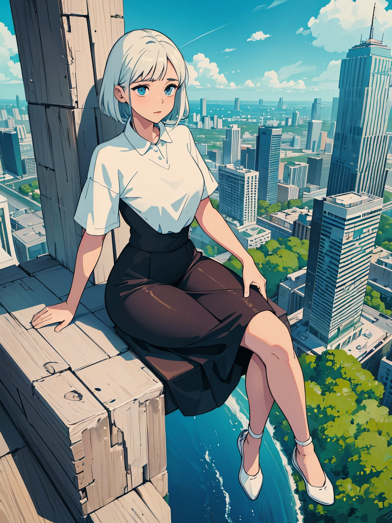 uma garota, vestindo blusa preta, (((sitting on the edge of a skyscraper))), meias longas, tenis branco cano alto, cabelos brancos, short bob hair, costeletas longas, olhos cinzentos, by Studio Ghibli, city scenery, Detailed illustration, arte oficial, no estilo de kawacy, movimento gracioso, noturno, composto, HD wallpapers, big ass, thick