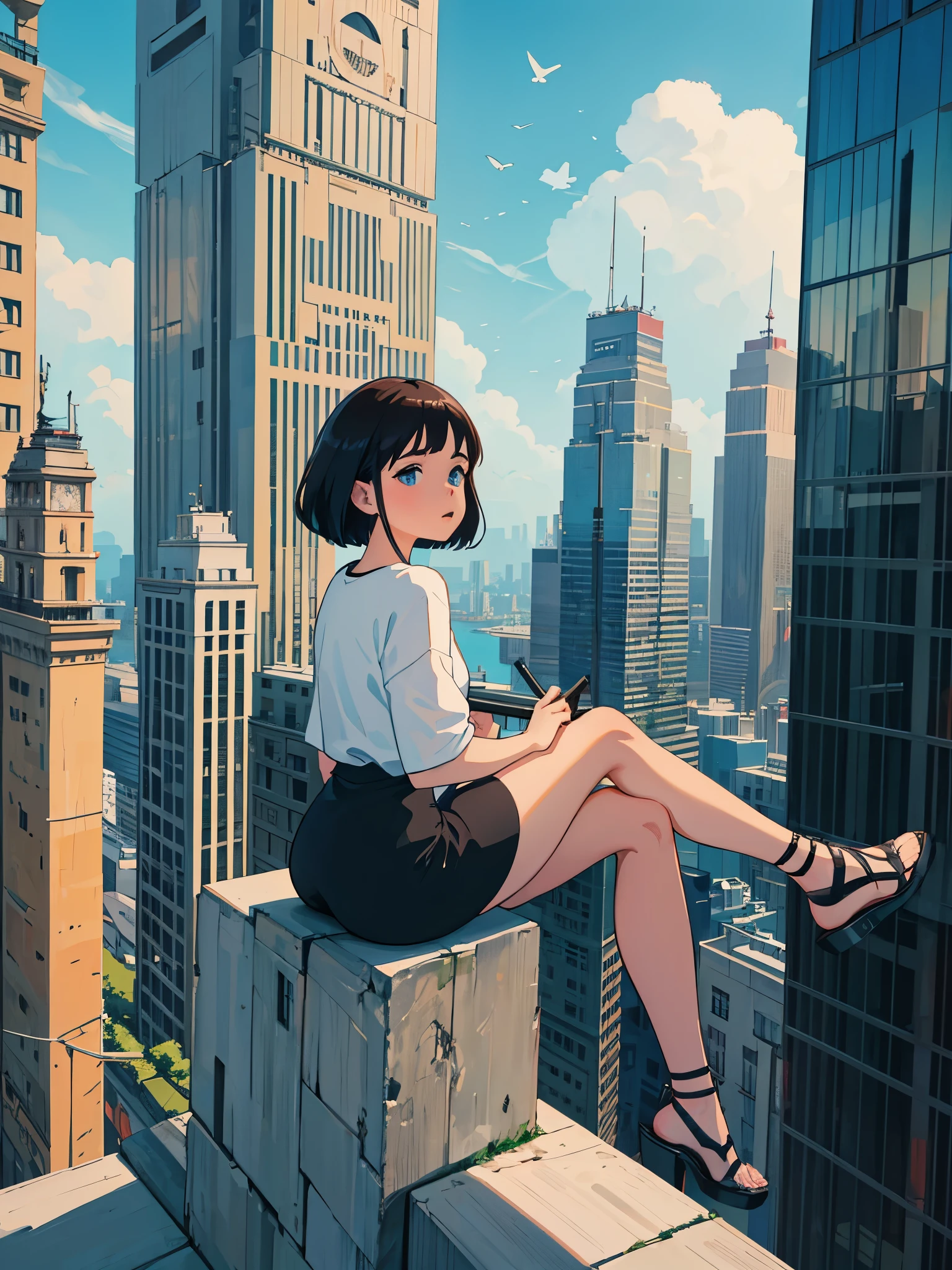 uma garota, vestindo blusa preta, (((sitting on the edge of a skyscraper))), meias longas, tenis branco cano alto, cabelos brancos, short bob hair, costeletas longas, olhos cinzentos, by Studio Ghibli, city scenery, Detailed illustration, arte oficial, no estilo de kawacy, movimento gracioso, noturno, composto, HD wallpapers, big ass, thick
