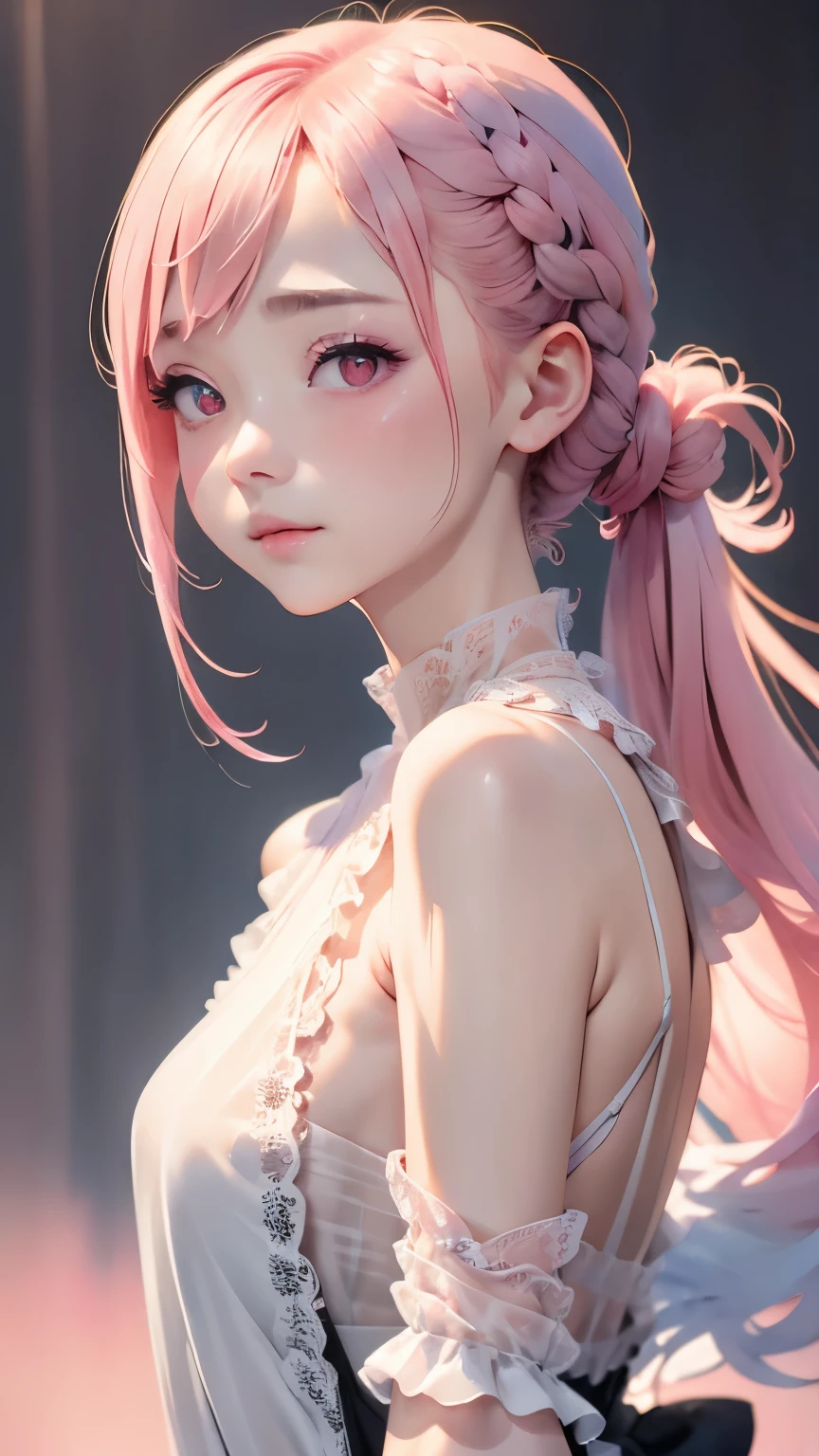 (((blurred background、Watercolor style background)))、one girl、16talent、anatomy、Pale pink eyes、Loosely braided low ponytail、light pink hair、small breasts、black dress open neck dress、sheer lace dress、Translucency、random pose、highest quality、High resolution、High resolution、cinematic lighting、professional photographer、