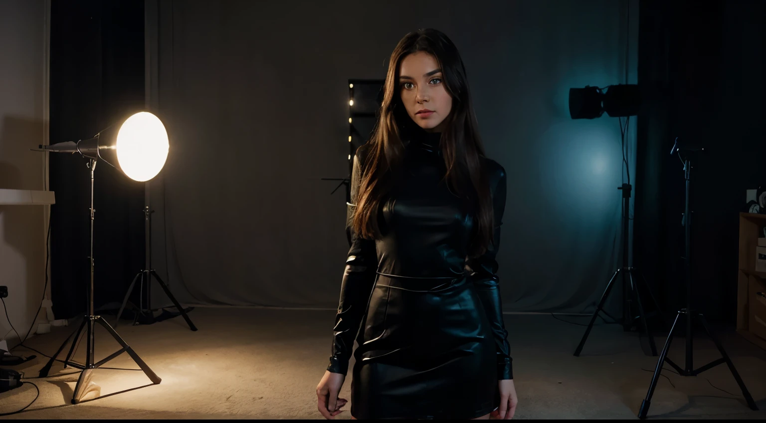 Fine, let's describe the girl's appearance in more detail. She will be tall and slender, with long dark hair and bright blue eyes. Her skin will be bright and clear, and there will be light makeup on the face. She will be wearing an elegant black dress with long sleeves and a slit in the skirt.. Your feet will be wearing high heels. She will hold a microphone in her hands, and behind you you will see a studio with lighting equipment.