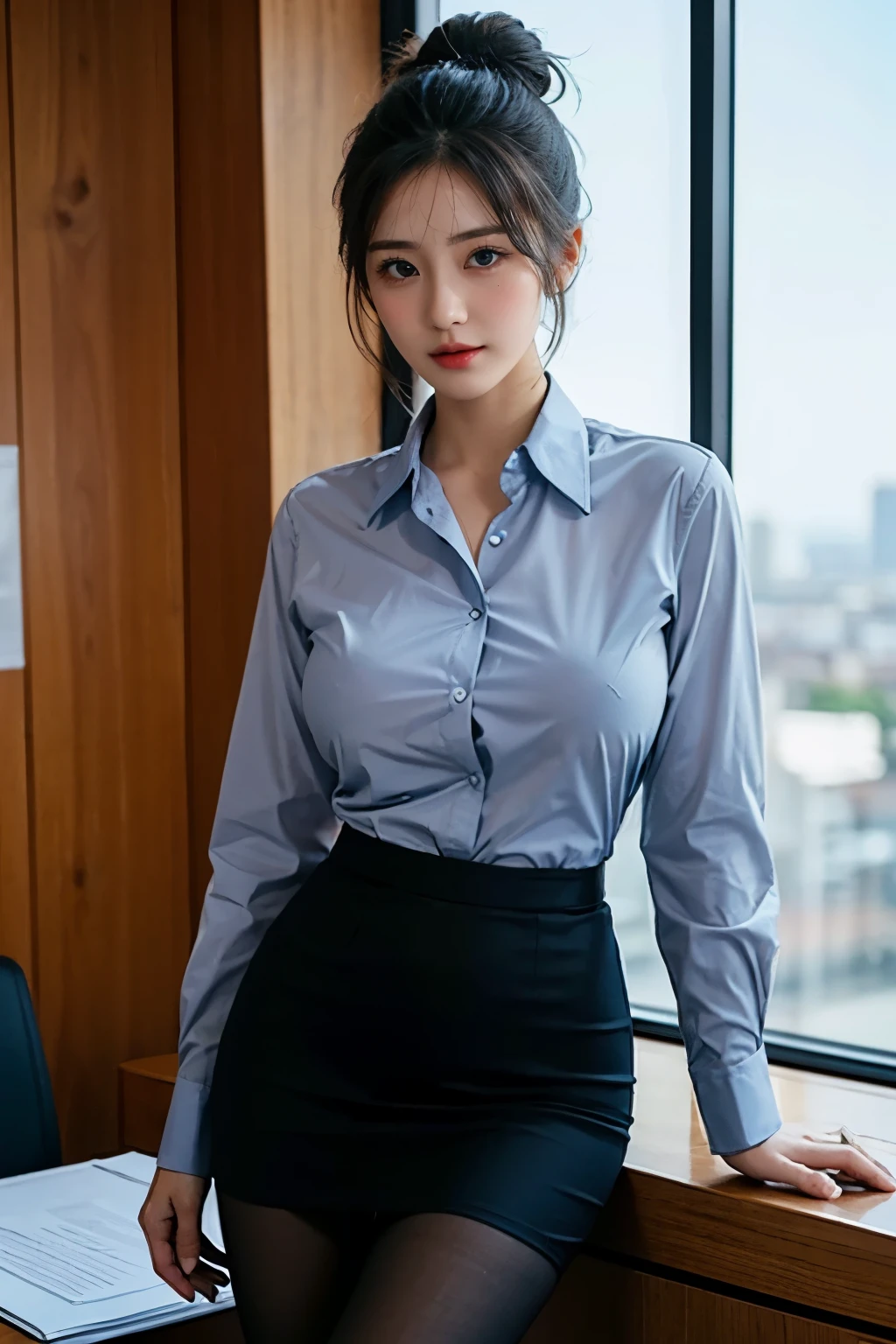 alone,Beauty、beautiful woman、big breasts、big breasts、slim body shape、bun hair、business suit、 wearing pantyhose,girl wearing a shirt, wearing a suit, big breasts,big breasts、slim body shape,business attire, wear a shirt and skirt, business attire、various positions、office