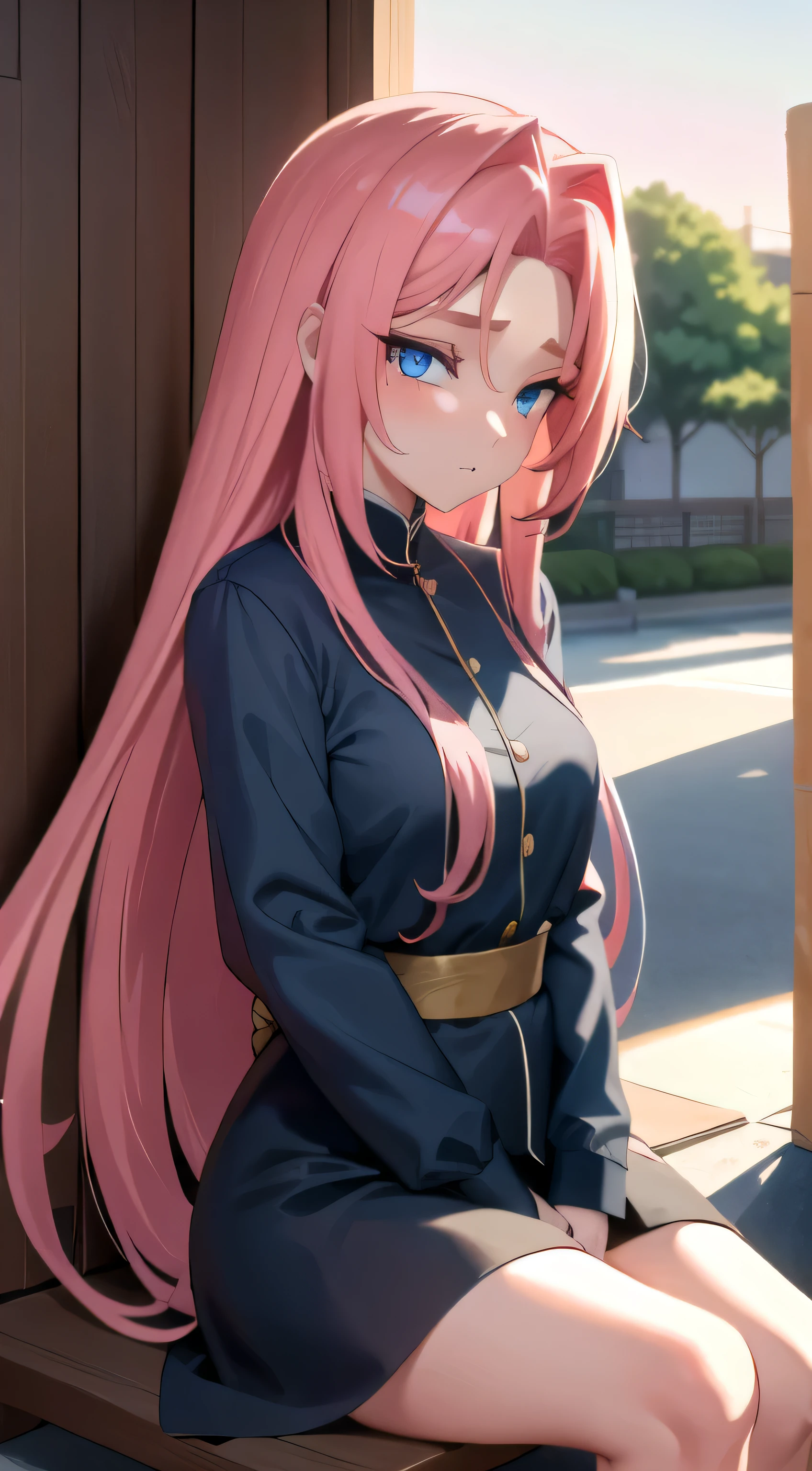 High resolution image of Micchon Shikimori, the solo anime girl, sitting calmly outside with a detailed background surrounding her. The sun sets, painting the sky with hues of orange and pink. Micchon's long pink hair cascades down her shoulders, gently caressing her detailed eyes, which hold the allure of ((blue eyes)). The masterpiece illumines, capturing every contour and wrinkle on her face, making this a beautiful and exquisite piece of art.