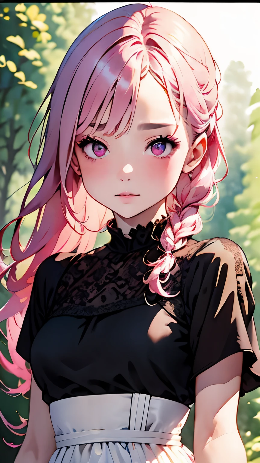 (((blurred background、Watercolor style background)))、one girl、１６talent、anatomy、Pale pink eyes、Loosely braided low ponytail、light pink hair、small breasts、black dress open neck dress、sheer lace dress、Translucency、random pose、highest quality、High resolution、High resolution、cinematic lighting、professional photographer、