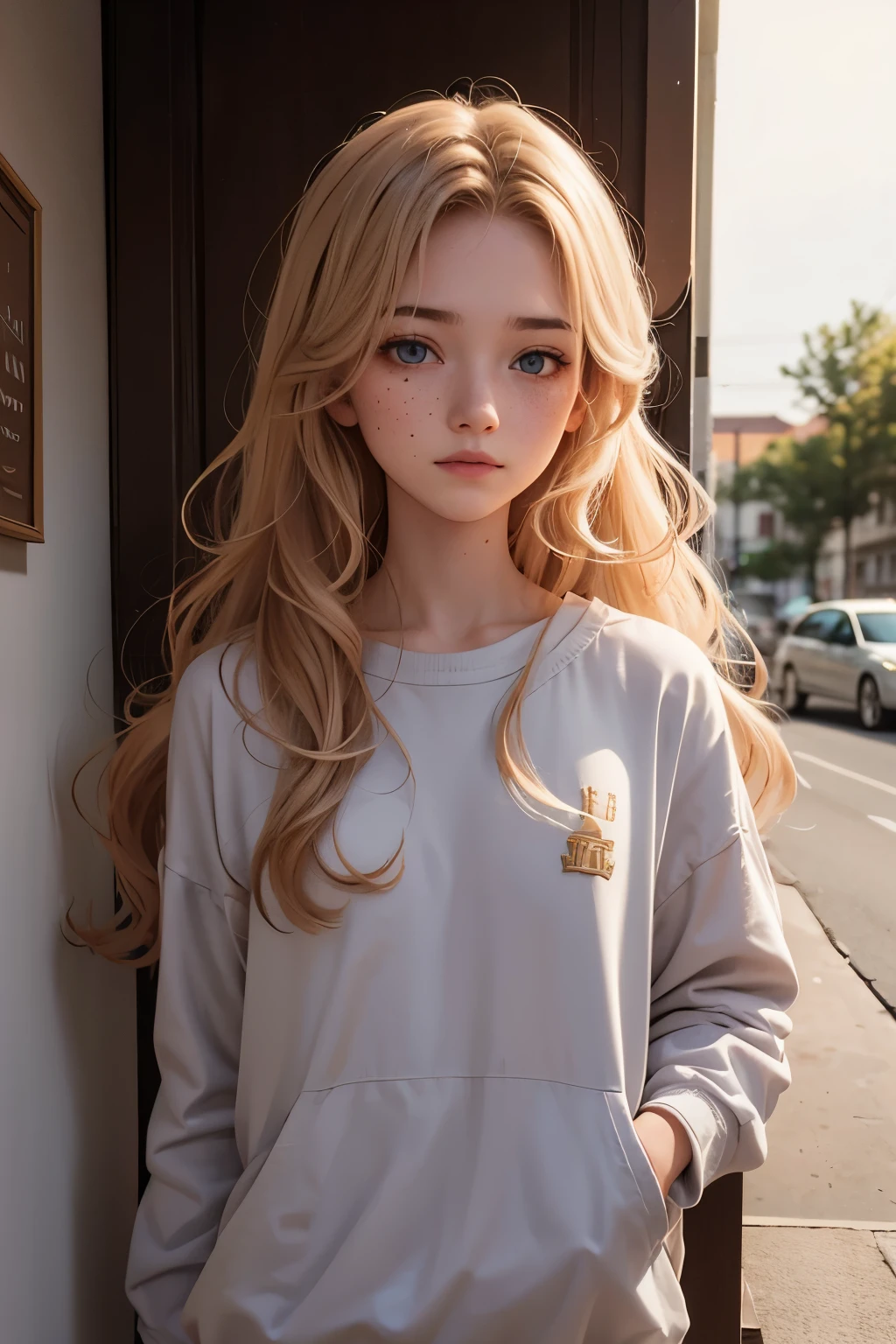 1 girl in, 19 years old, Alone, Aesthetic art, Irish, strawberry blonde wavy hair, Shoulder length hair, gray eyes, light gray eyes, some small freckles, pale skin, runner's body, (Textured skin, skin pores: 1.1), wearing private university clothes, sexy pose, facing the university