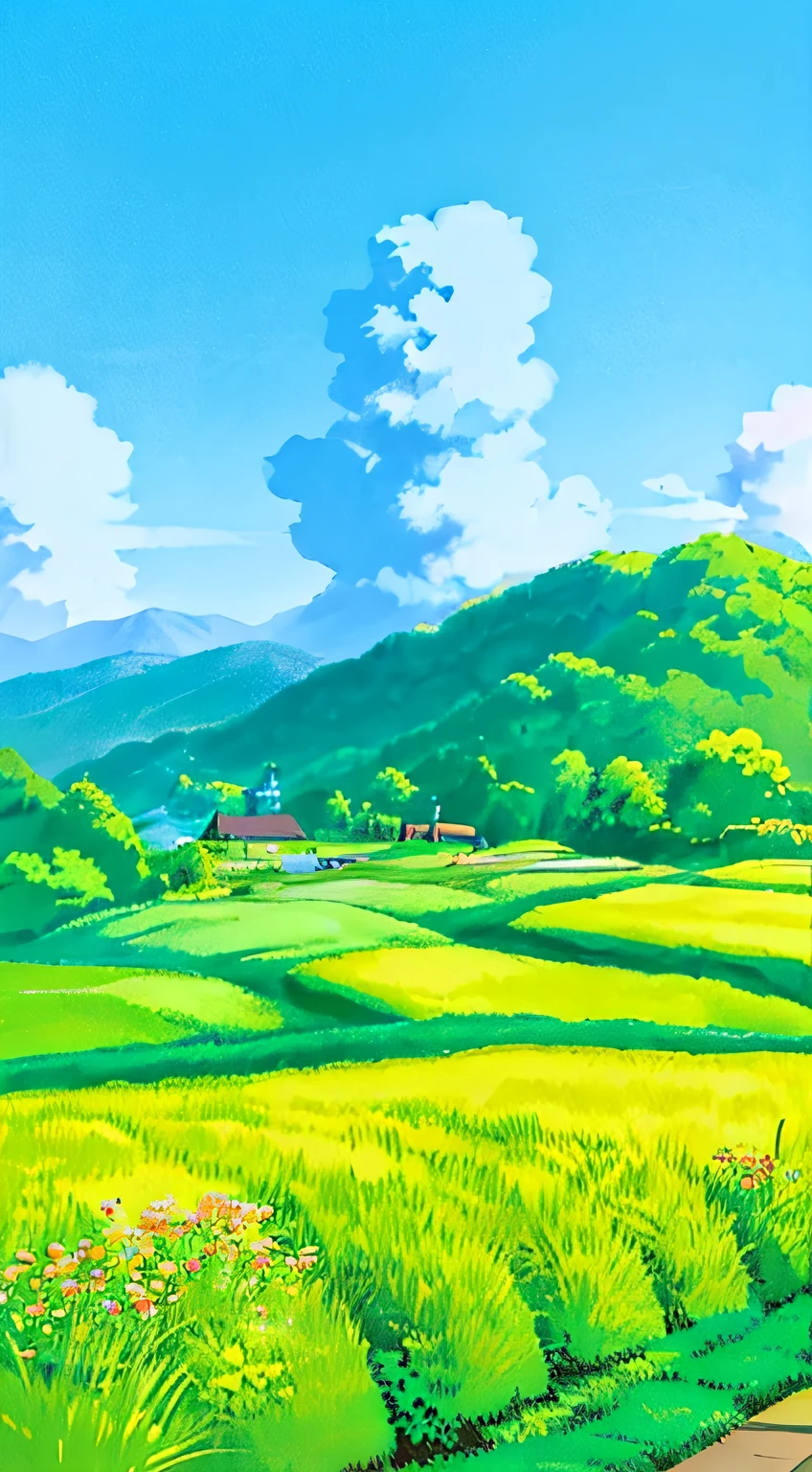 (((best quality))), high saturation, Clear, Reasonable structure, cartoon style, architecture, bridge, put up, castle, chimney, cloud, cloudy_Sky空, Sky, fantasy, Door, no grass_human nature, outDoor, river, landscape, Sky空, Sunset, tree, window, real, beautiful and amazing landscape oil painting Ghibli Studio Miyazaki's wheat field with blue Sky空 and white clouds, wheat field, wheat--v6