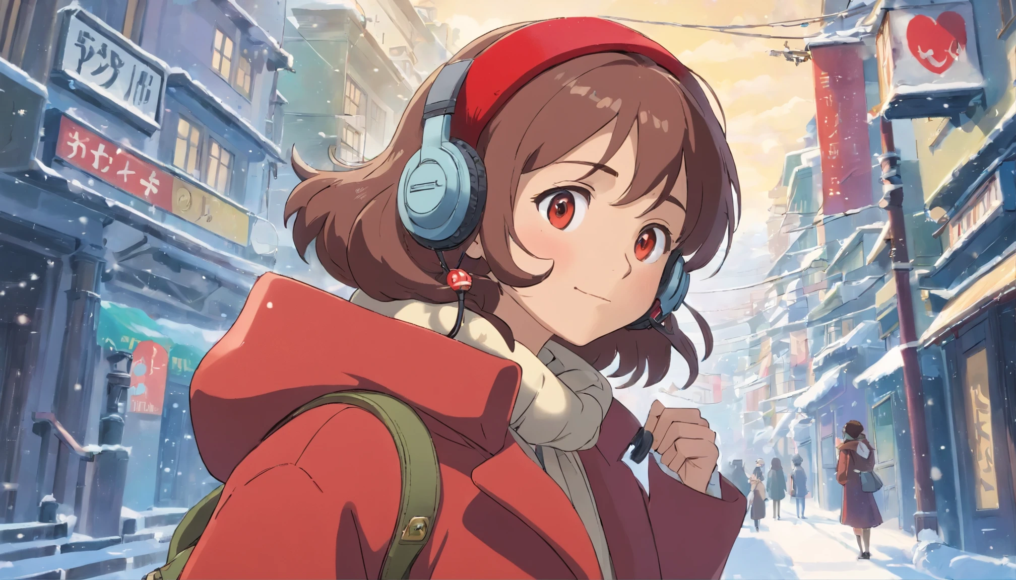 In the cold city、It&#39;s snowing、young woman wearing headphones、brown coat、Red check muffler、sigh、Bright day