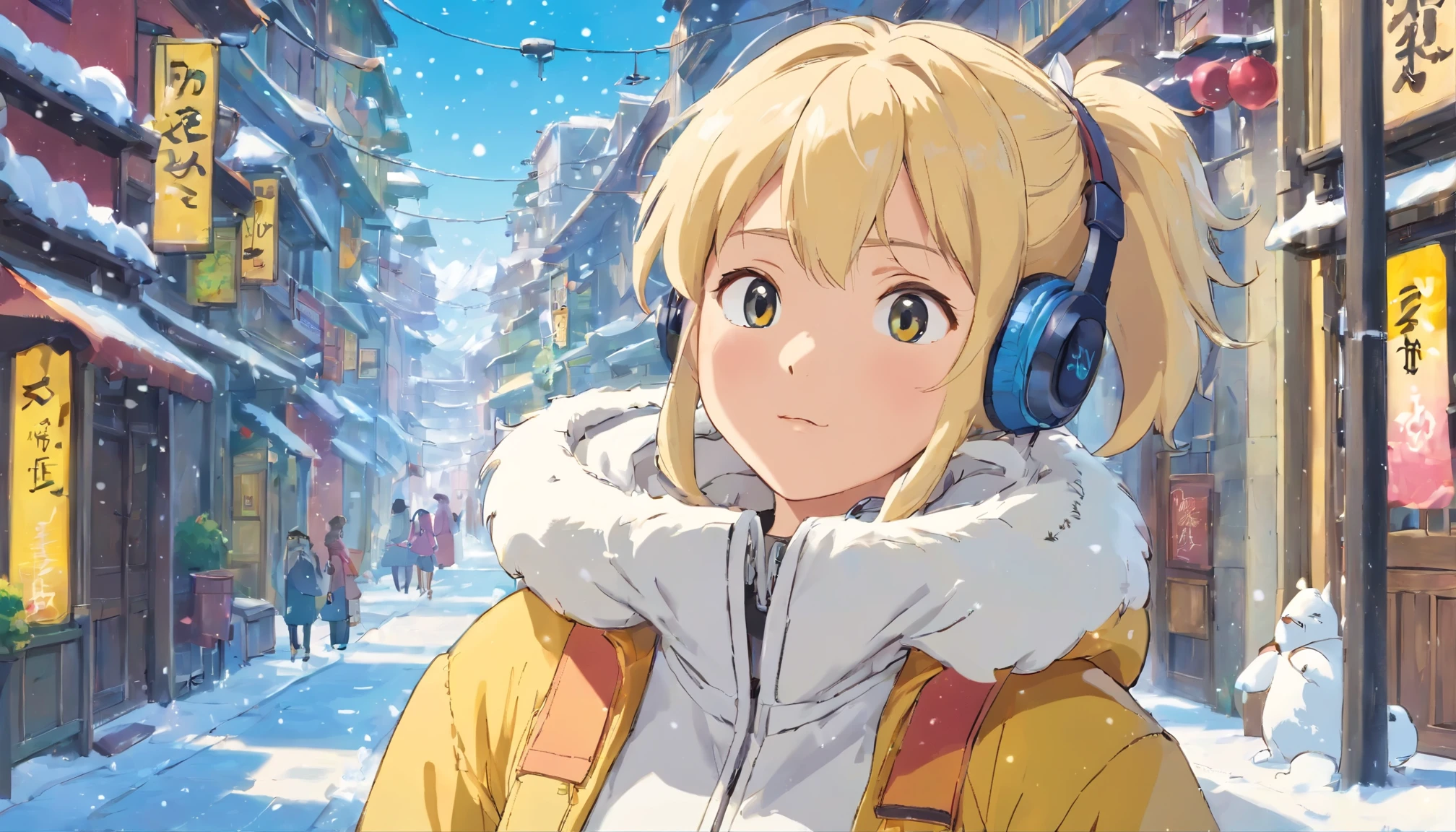 In the cold city、It&#39;s snowing、young woman wearing headphones、blonde、ponytail、white down jacket、sigh、Bright day