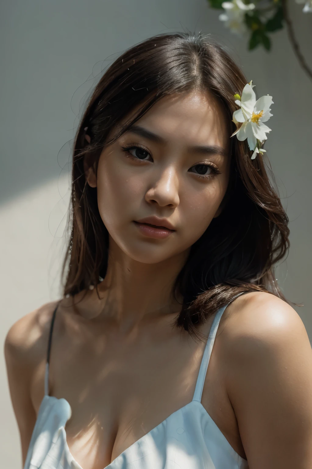 high quality,masterpiece,extremely detailed,high res,4k,ultra high res,detailed shadow,ultra realistic,realistic,dramatic lighting,1 Asian girl,solo,detailed face,realistic eyes,realistic skin,dynamic hair,dynamic pose, dynamic angle, white flowery dress,white background