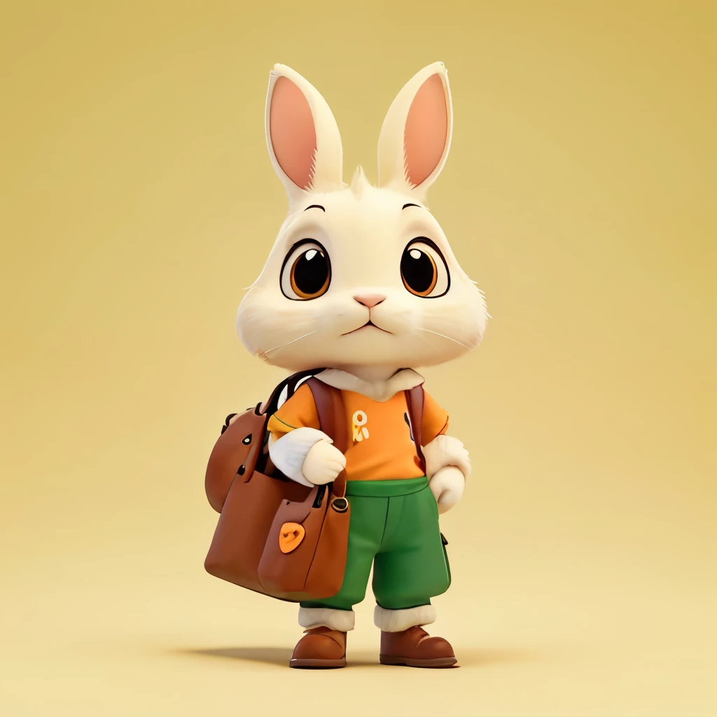 Cream colored rabbit Wear an orange shirt green bag