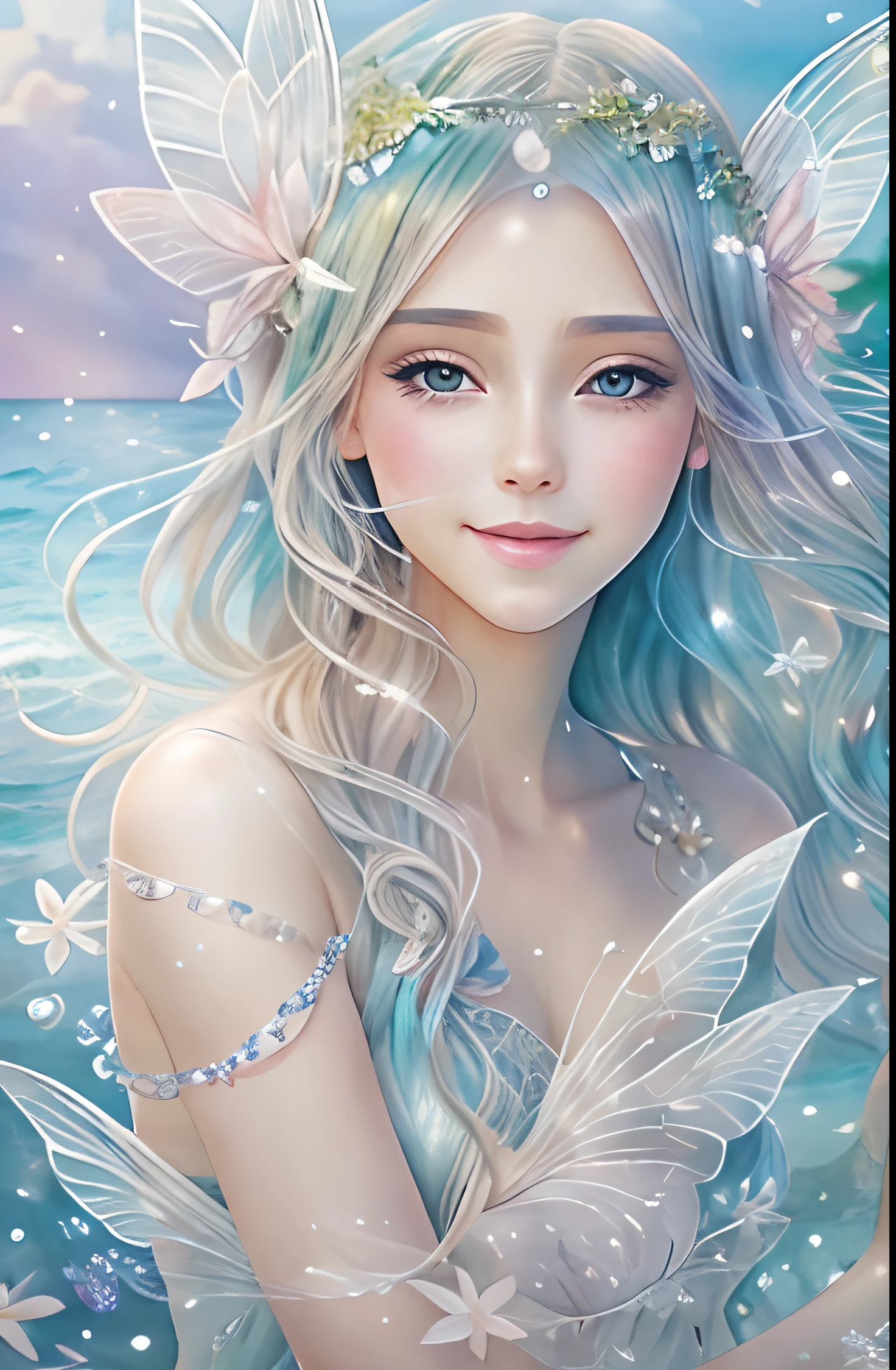 Beautiful fairy with a sense of transparency､Beautiful sparkling ocean、Transparente Federn､smile friendly､Sommerhintergrund､Sanfte und transparente Fee､Aquarellfarbe､Men and women in love