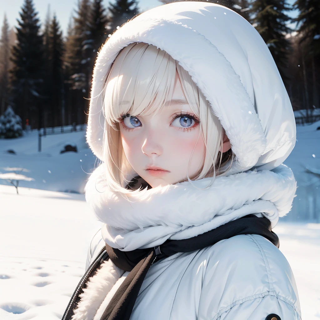 A girl, face focus, face picture, snow background, pale blonde, pale skin, white eyes, white fur clothes, cold, clothes made of animal skin, Eskimo, furry scarf, ice age, albino, hauntingly pale