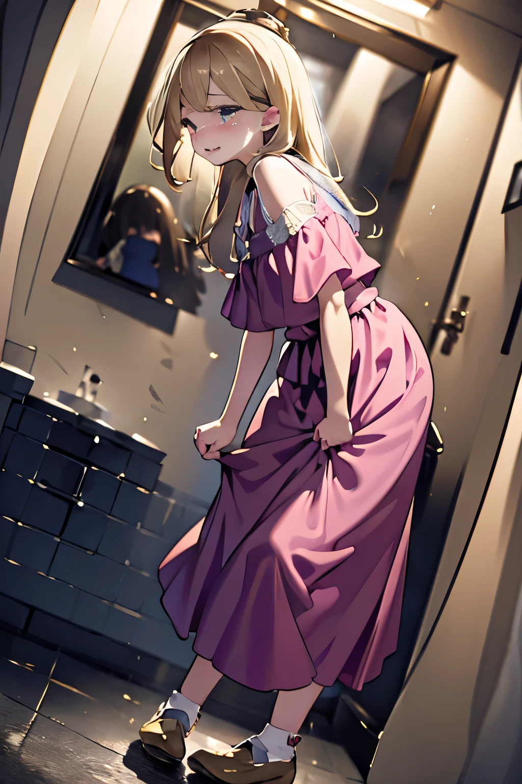 (1 girl, have to pee, peeing herself, peeing, peeing self, very desperate to pee, have to pee, have to pee, peeing, peeing self, peeing, peeing self:1.3), (girl and other many girls waiting in line bathroom, maxi dress, lace bolero, long skirt, petticoat, foot ware, have to pee, hold crotch, knees together and feet apart, hand between legs:1.4), (leaning forward:1.2), (erotic twist of the body), (full face blush, embarrassed, breathless, one’s eyes wandering, wavy mouth, crisis, cry, anxiety, moist eyes:1.4), (girl can't stay still, girl can't stand up straight, slight foot stomp:1.2), (anatomically perfect body, best quality:2), (detailed face, makeup, lips), from below, from side