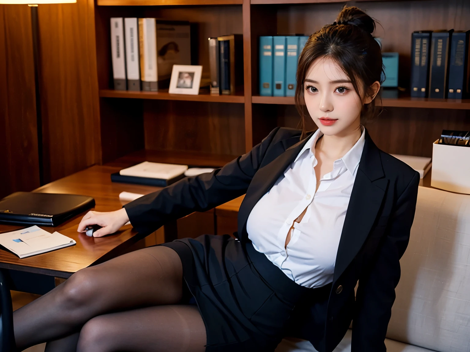 alone,Beauty、beautiful woman、big breasts、big breasts、slim body shape、bun hair、business suit、 wearing pantyhose,girl wearing a shirt, wearing a suit, big breasts,big breasts、slim body shape,business attire, wear a shirt and skirt, business attire、various positions、office
