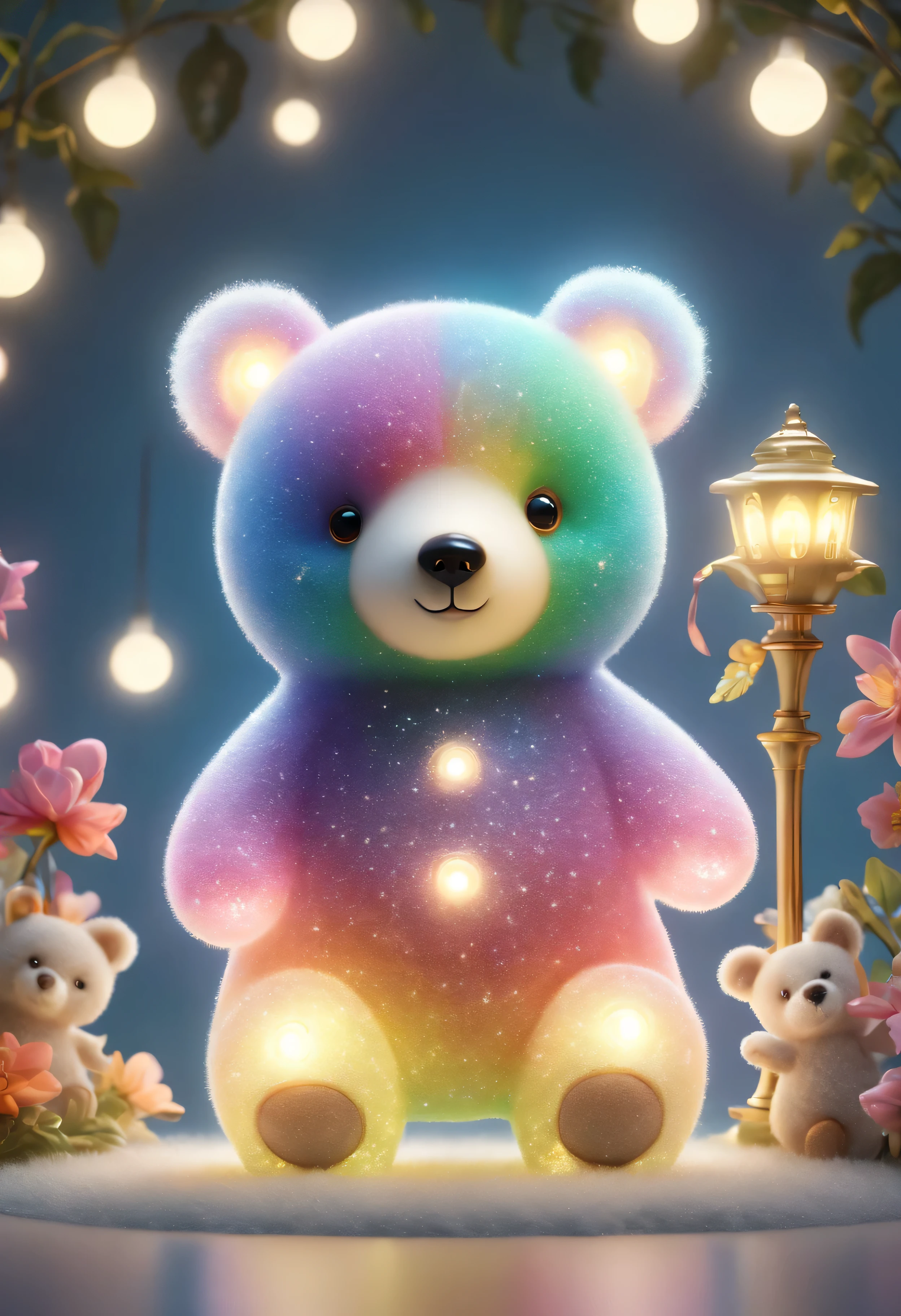 (highest quality,4k,8k,High resolution,masterpiece:1.2),Super detailed,realistic,beautiful,adorable,shine,night light,fairy tale,bear theme,magic,decorative,Children's bedroom,soft light,colorful,delicate design,3D rendering,bright色,Like a toy,small lamp size,gentle shine,imaginary creature,attractive,wonderful,Whimsical,Lovely,bright,reveal,decorative lighting,eye-catching,虹色にshine,Mysterious,mythical,fun,Sparkling,cartoon-like,Joyful,magic atmosphere,colorful rainbow,golden bear