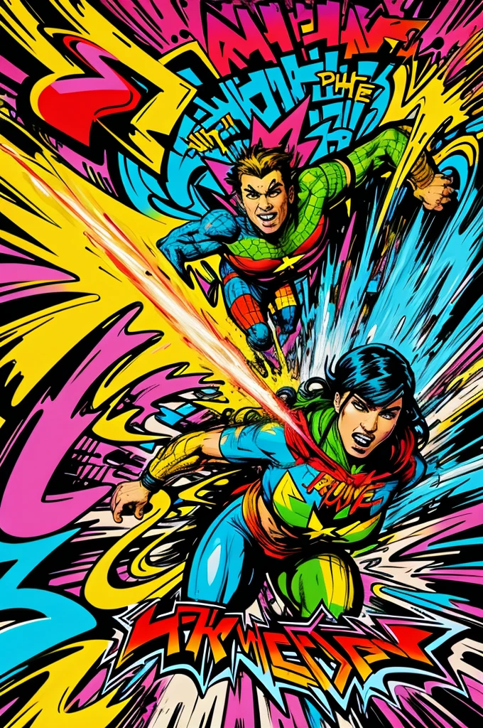 a graffiti-filled comic book world, vibrant colors, detailed comic characters, dynamic action scenes, fantasy landscapes, urban backdrops, intricate line work, bold outlines, cartoonish style, expressive characters, exaggerated features, graffiti tags, spray paint textures, comic book speech bubbles, high contrast lighting, comic book panels, visually engaging, energetic brush strokes, mixed media effects, visually popping colors, larger-than-life scenes.
