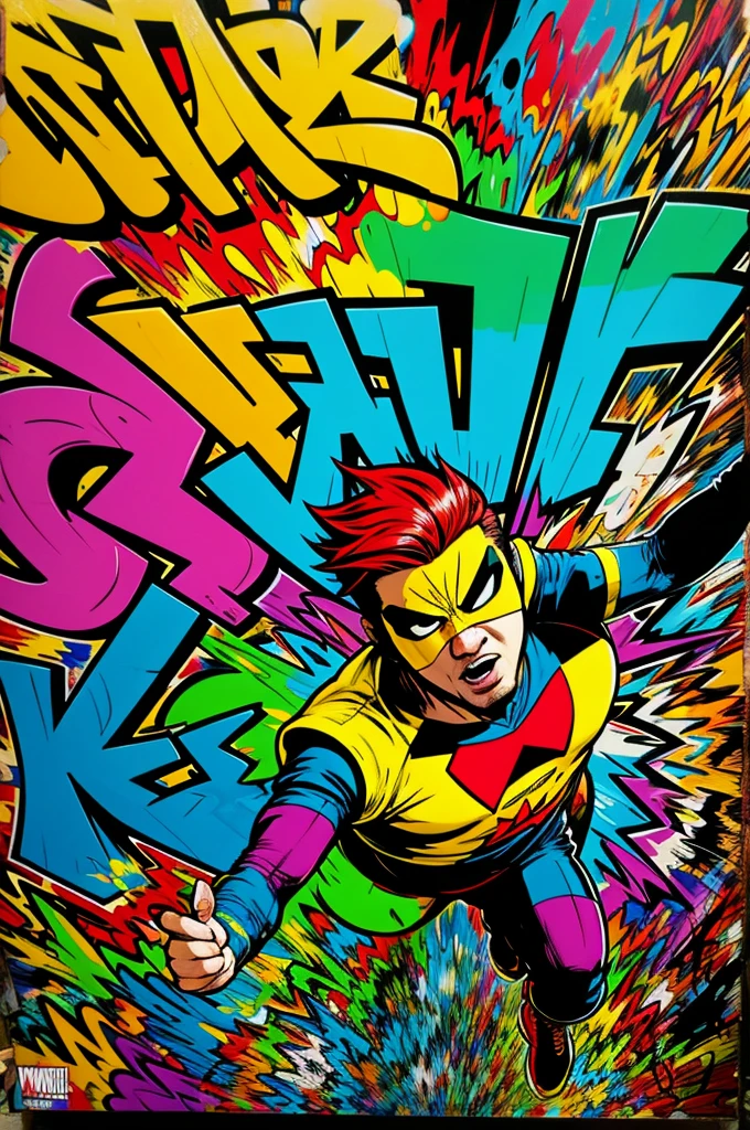 a graffiti-filled comic book world, vibrant colors, detailed comic characters, dynamic action scenes, fantasy landscapes, urban backdrops, intricate line work, bold outlines, cartoonish style, expressive characters, exaggerated features, graffiti tags, spray paint textures, comic book speech bubbles, high contrast lighting, comic book panels, visually engaging, energetic brush strokes, mixed media effects, visually popping colors, larger-than-life scenes.