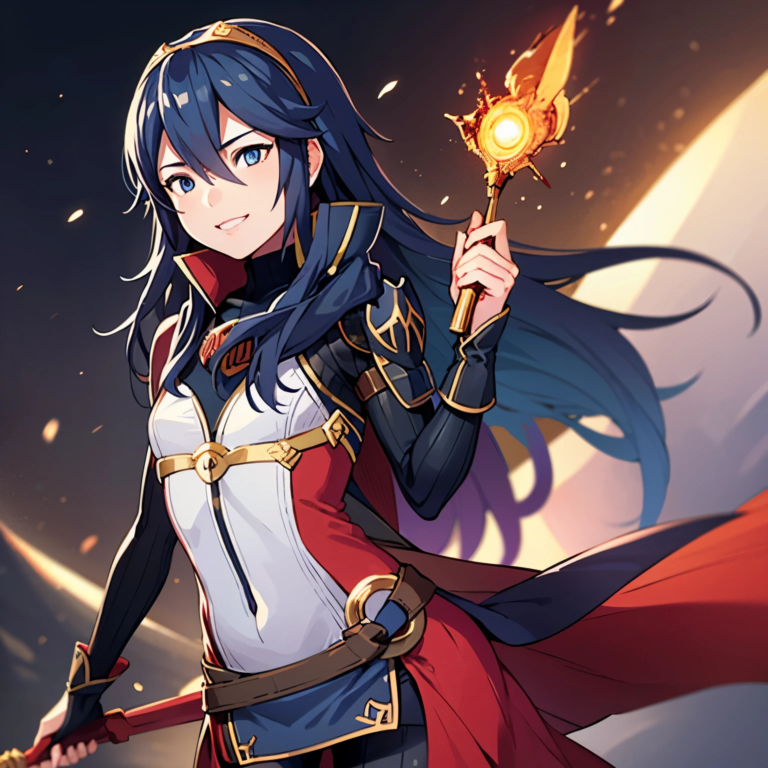 Lucina, 1girl, cowboy shot, bodysuit, womb tattoo , evil smile, glowing eyes, corruption 