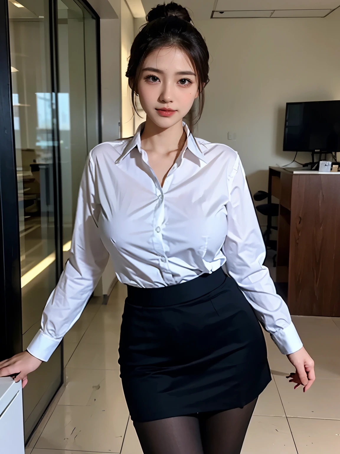 alone,Beauty、beautiful woman、big breasts、big breasts、slim body shape、bun hair、business suit、 wearing pantyhose,girl wearing a shirt, wearing a suit, big breasts,big breasts、slim body shape,business attire, wear a shirt and skirt, business attire、various positions、office