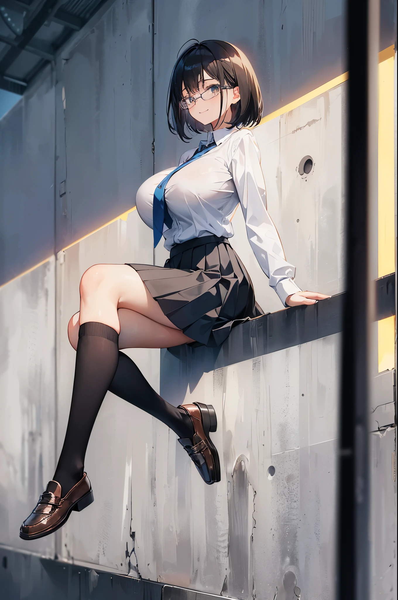 1 girl, glasses, (full body:1.2), sitting, (angle from below:1.1), (angle from the side:1.1), smile, (slim body:1.2), (huge breasts:1.3), (slender and long legs:1.1), black hair, short hair, white long sleeve shirt, pleated skirt, (dark blue high socks:1.1), brown loafers,