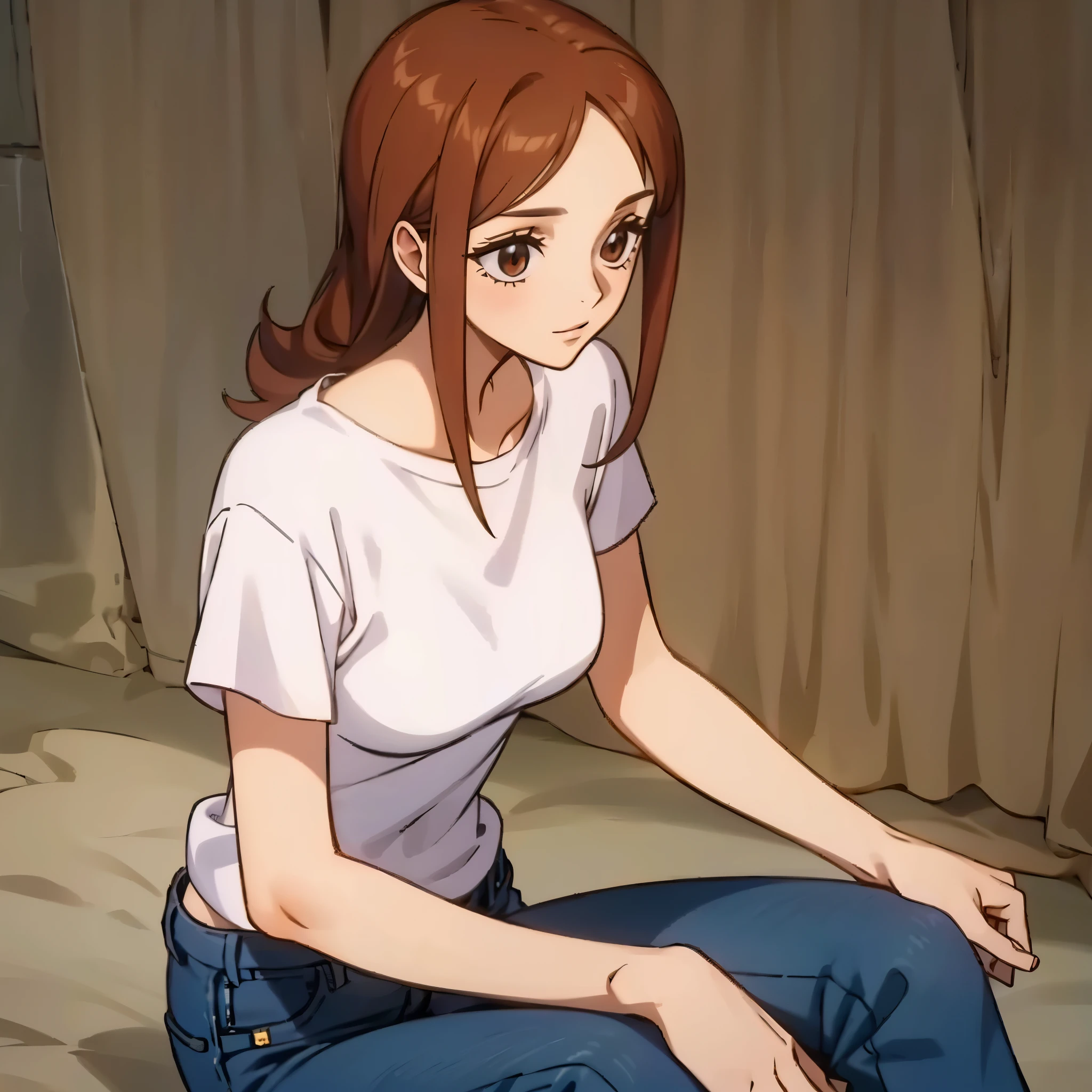 an adult woman who looks young and beautiful, with light brown hair and eyes of the same color. She is usually seen wearing simple clothes, such as shirts and jeans.