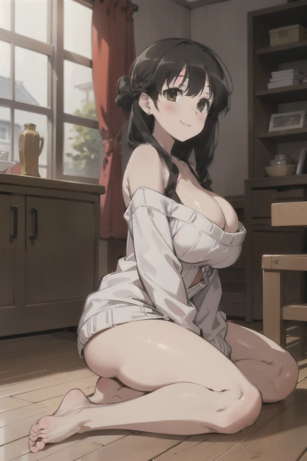 ((masterpiece)), ((best quality)), (ultra-detailed), ((extremely detailed)), 4K, (8K), best quality, (perfect anatomy), ((((beautiful detailed eyes)))), (((world-class quality))), photorealistic, extremely detailed, high resolution, (detailed shaded pretty face), (((house wife))), solo, (((sagging breasts))), (((wearing oversized_sweater)), glowing detailed skin and hair, white-skinned, (((glistening skin))), huge ass, kasumi iwato, potbelly, baby face, (half updo),, , stylish pose, curvy, smile, cleavage, bare foot, straddling , sit astride, spread legs, bare shoulders