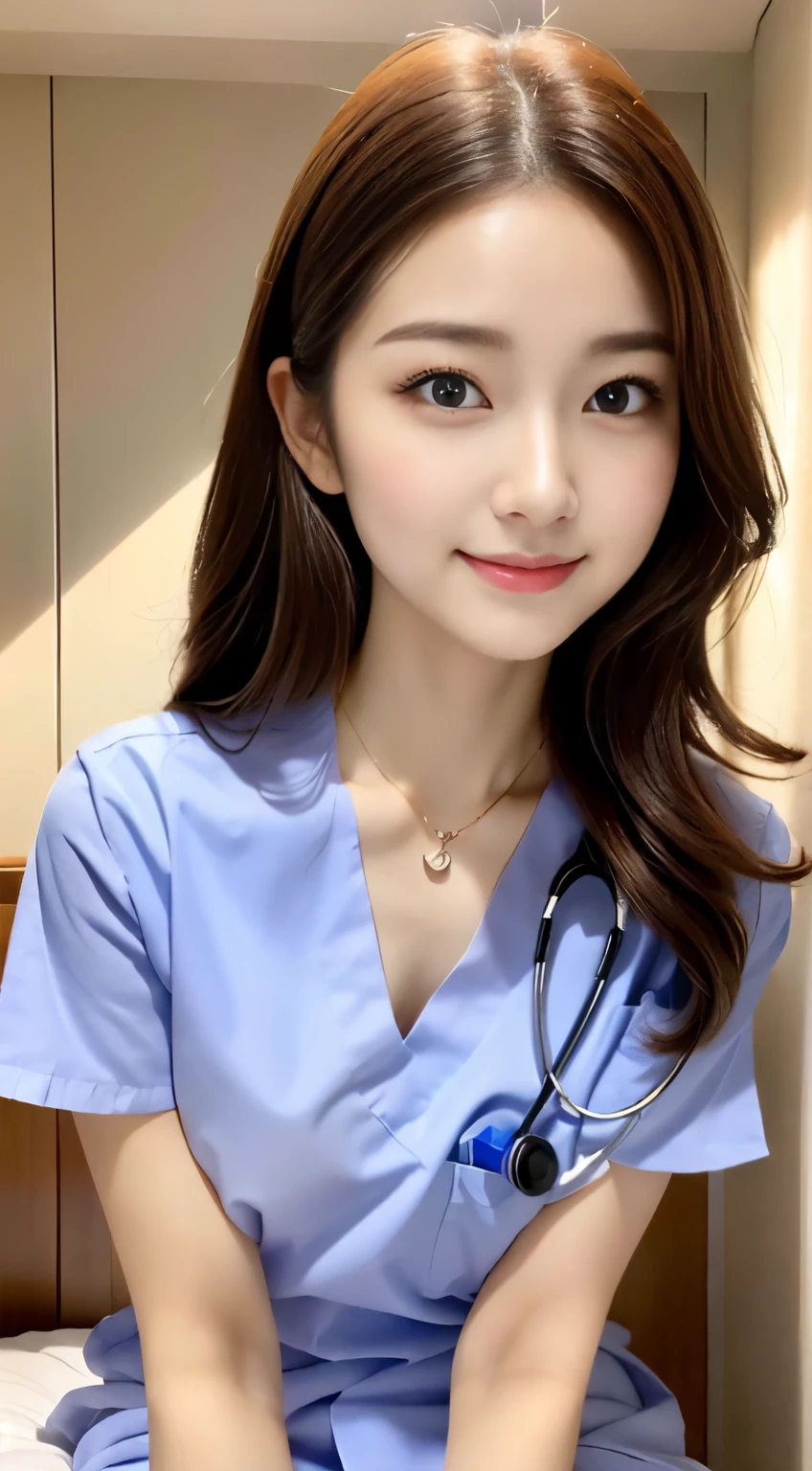 （Very high resolution of 32K, high detail, very accurate, table top,beautiful girl１people,：1.4）,photograph & realistic atmosphere,shiny skin,beautiful skin,fine white skin,detailed face,fine eyes、Very beautiful eyes with deep blue eyes,lip details、very beautiful face,very well-shaped face、lifelike face,shining beautiful lips,beautiful eyebrows,best natural makeup,japanese idol,korean idol,Very beautiful nurse woman,とてもbeautiful girl,(well-shaped chest、Thighs exposed from nurse uniform,necklace：1.5）,（sitting backwards、Wearing white nurse clothes,************, very cute Japanese nurse, beautiful girl,Crawl on all fours in a hospital bed：1.6）,（sexy nurse booth：1.5）,（beautiful brown shortcut,Moisturizes the eyes,gentle smile：1.3),beautiful immature body, innocence,((photorealism,camera)),real live action,shiny nail art,(beautiful feet,camel&#39;s foot,buckshot,turned around,超A high resolution,natural and realistic face,soft natural light and,Backlight,Her pure eyes are too cute：1.4）、smile