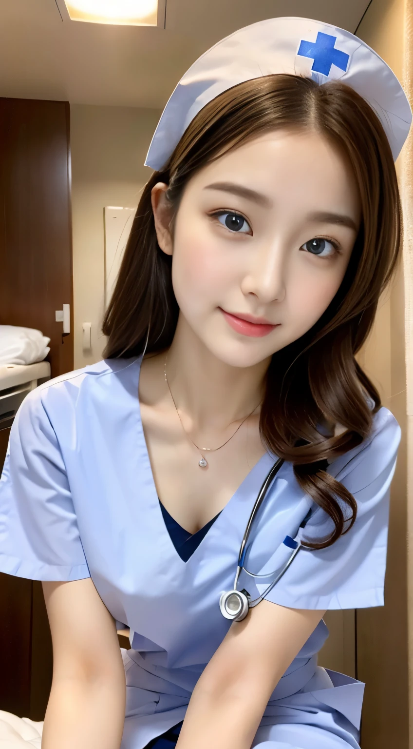 （Very high resolution of 32K, high detail, very accurate, table top,beautiful girl１people,：1.4）,photograph & realistic atmosphere,shiny skin,beautiful skin,fine white skin,detailed face,fine eyes、Very beautiful eyes with deep blue eyes,lip details、very beautiful face,very well-shaped face、lifelike face,shining beautiful lips,beautiful eyebrows,best natural makeup,japanese idol,korean idol,Very beautiful nurse woman,とてもbeautiful girl,(well-shaped chest、Thighs exposed from nurse uniform,necklace：1.5）,（sitting backwards、Wearing white nurse clothes,************, very cute Japanese nurse, beautiful girl,Crawl on all fours in a hospital bed：1.6）,（sexy nurse booth：1.5）,（beautiful brown shortcut,Moisturizes the eyes,gentle smile：1.3),beautiful immature body, innocence,((photorealism,camera)),real live action,shiny nail art,(beautiful feet,camel&#39;s foot,buckshot,turned around,超A high resolution,natural and realistic face,soft natural light and,Backlight,Her pure eyes are too cute：1.4）、smile