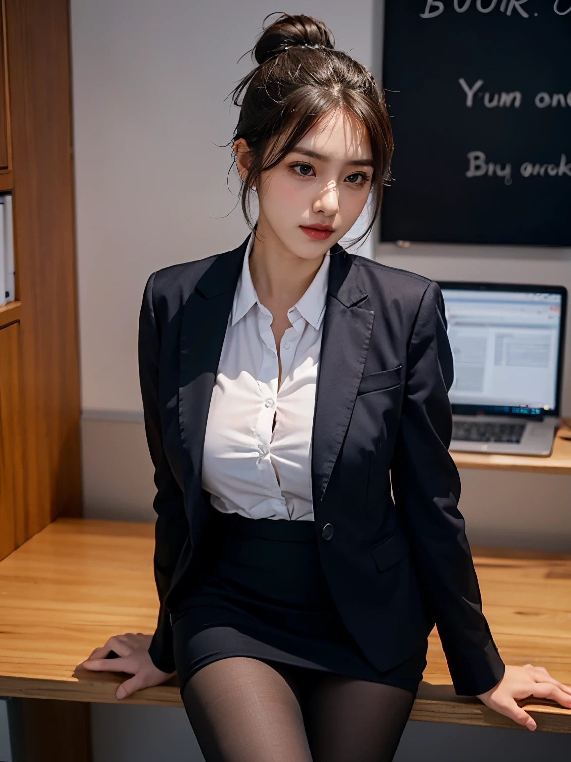 alone,Beauty、beautiful woman、big breasts、big breasts、slim body shape、bun hair、business suit、 wearing pantyhose,girl wearing a shirt, wearing a suit, big breasts,big breasts、slim body shape,business attire, wear a shirt and skirt, business attire、various positions、office