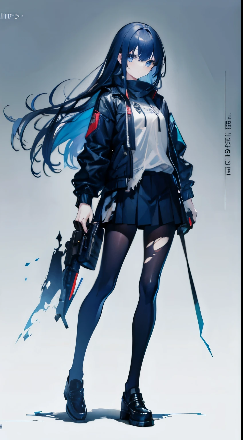 no background,girl,carry,torn clothes,tights,use,dark blue long hair,careful,blue eyes