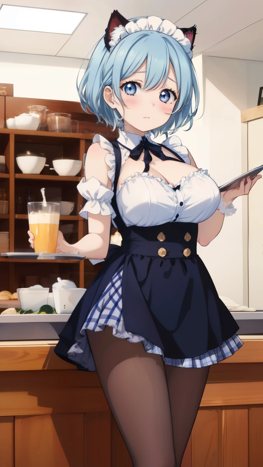 Re:Zero&#39;s Rem、light blue hair、short hair、table top、High resolution、many girls multiple girls、large crowd、lots of cute girls、big and full breasts、naughty body、See-through、throw、、whole body、Are standing、Look up at me、confused face、blush、black pantyhose、female shape&#39;Private parts are clearly visible、I can see your nipples、white shirt、navy check skirt、micro mini skirt、very short skirt、Department store、shop、Many people々々、in the crowd、bare chest、show your chest、from below、Low - Angle、while holding the tray、place the chest on the tray、Upper grade、A lot of milk comes out from the nipples、Breast milk gushes from the nipple、cat ears maid clothes、blue gingham maid outfit、With cup 、Breast milk drips from the nipples、Breasts wet with breast milk、The shape of a woman&#39;s private parts is clearly visible、close up of chest