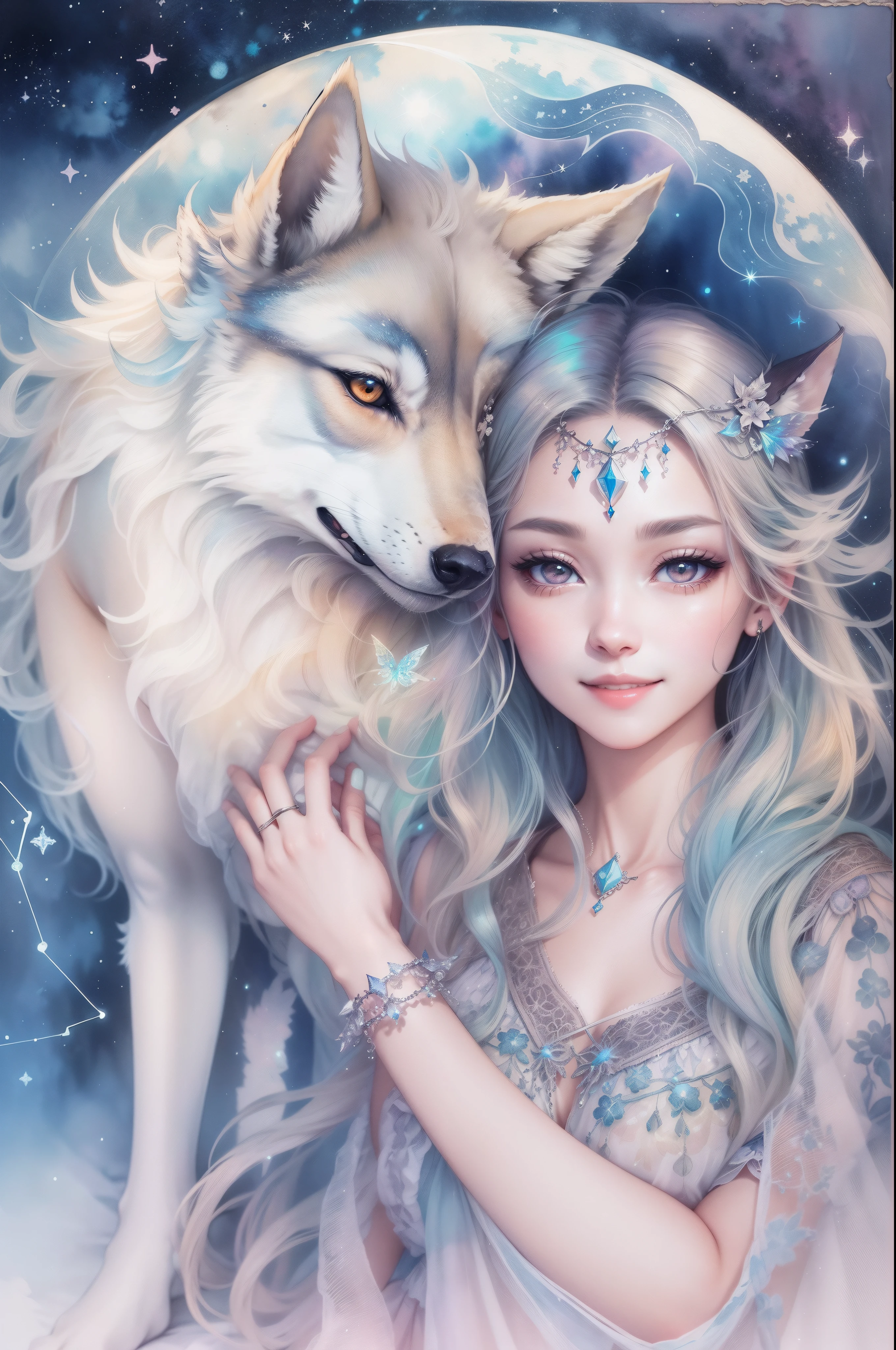 fullmoon、Transparent beautiful fairy and wolf、A smile、frei、Schillernde Farbe、constellation、GEBET、Aquarellfarbe