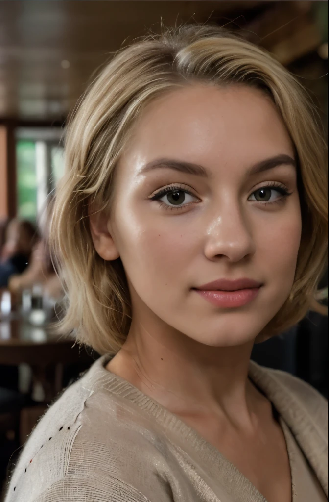 dramatic lighting, extremely high quality, cinematic movie still, Beautiful blonde with blonde highlights wearing a beige sweater (in a caFé while sipping a pint of Guinness ), Very detailed, 22 anos, Rosto inocente, cabelos ondulados, Olhos verdes, O rosto de Marilyn Monroe, flirts with the camera, high resolution, master part, best quality, Alto detalhe intrincado, altamente detalhado, Crisp Focus, pele detalhada, textura de pele realista, textura, olhos detalhados, proFissional, sorriso encantador, pouty lips, corpo de ajuste perFeito, extremamente detalhado, Post-processing, maximum details, rugosidade, vida real, Ultra realista, Fotorrealismo, FotograFia, 8k UHD, FotograFie cowboy tiro, sujo, atmosFera escura, corpo toniFicado, Rosto perFeito, Olhe para o espectador, (pele detalhada), (Redness:1) Fraco, natural lighting, (luz direta:0.4), 8mm film grain, FotograFado em um Sony a9 II, Lente 24mm, F/2.8 vagas, Focus on Depth, (....RAW), nsfw