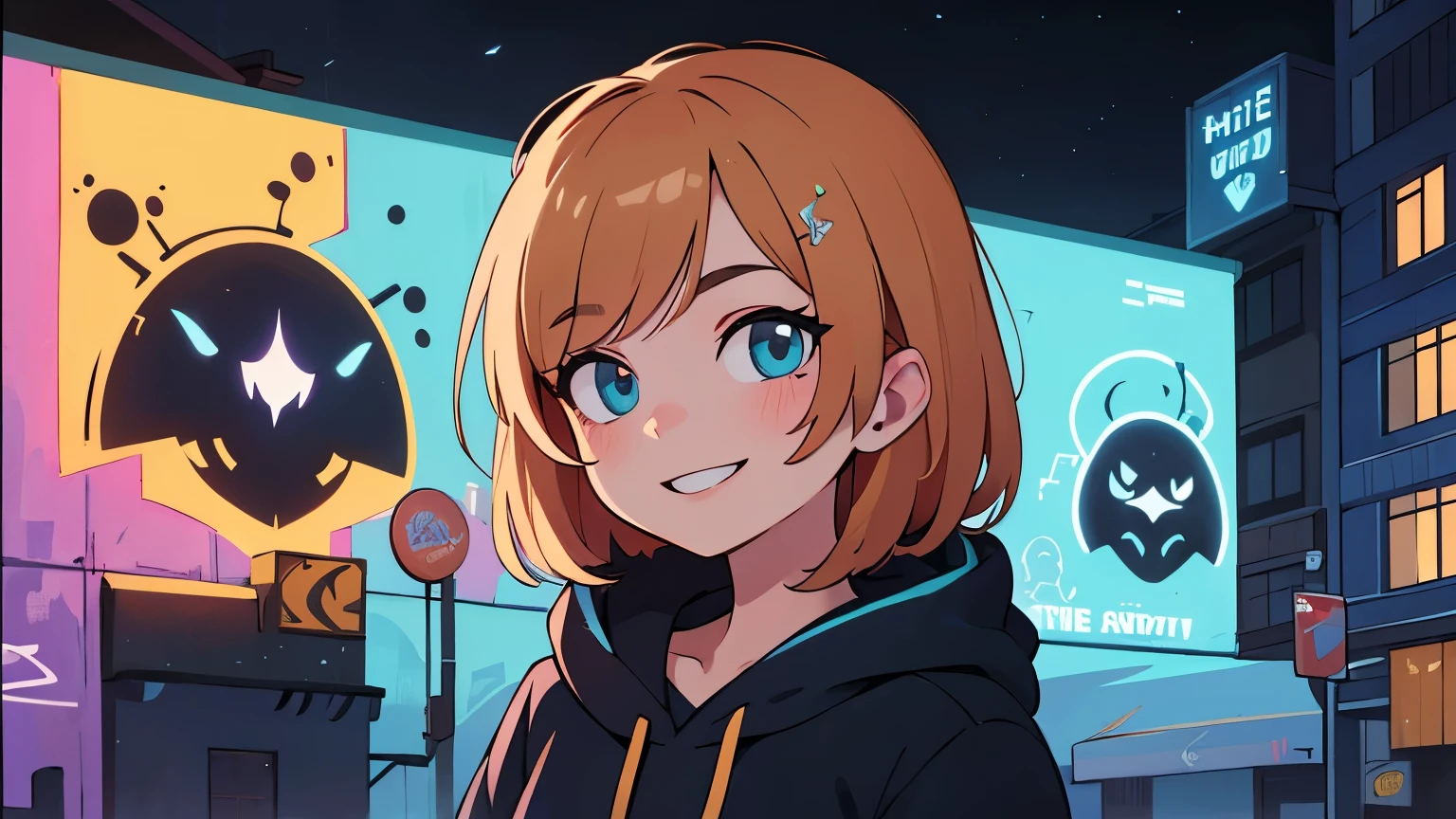 ((best quality)), ((masterpiece)), (detailed), perfect face, detailed background, masterpiece, best quality, smile, ornament, hoodie, portrait, blue neon, graffiti, dark, night, glowing eyes, blacklight
