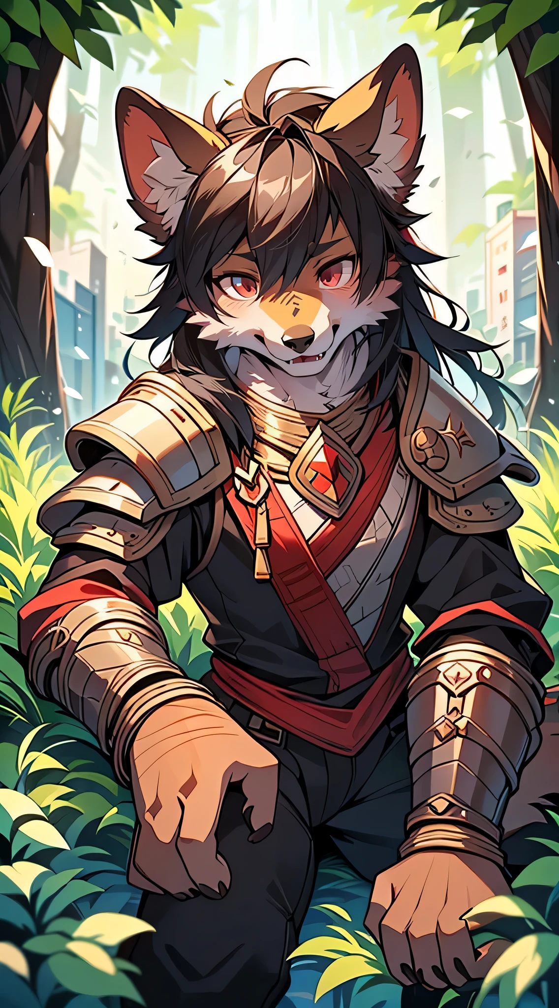 There is a male dog wolf on it, , 18 years old, half dog, Anthropomorphic armored warrior wolf  ，one person   ( Black-red pupils), (Glitter quality, high detail，Background city wallon hair with smile，two small ears，skin gold coverage，in the woods 