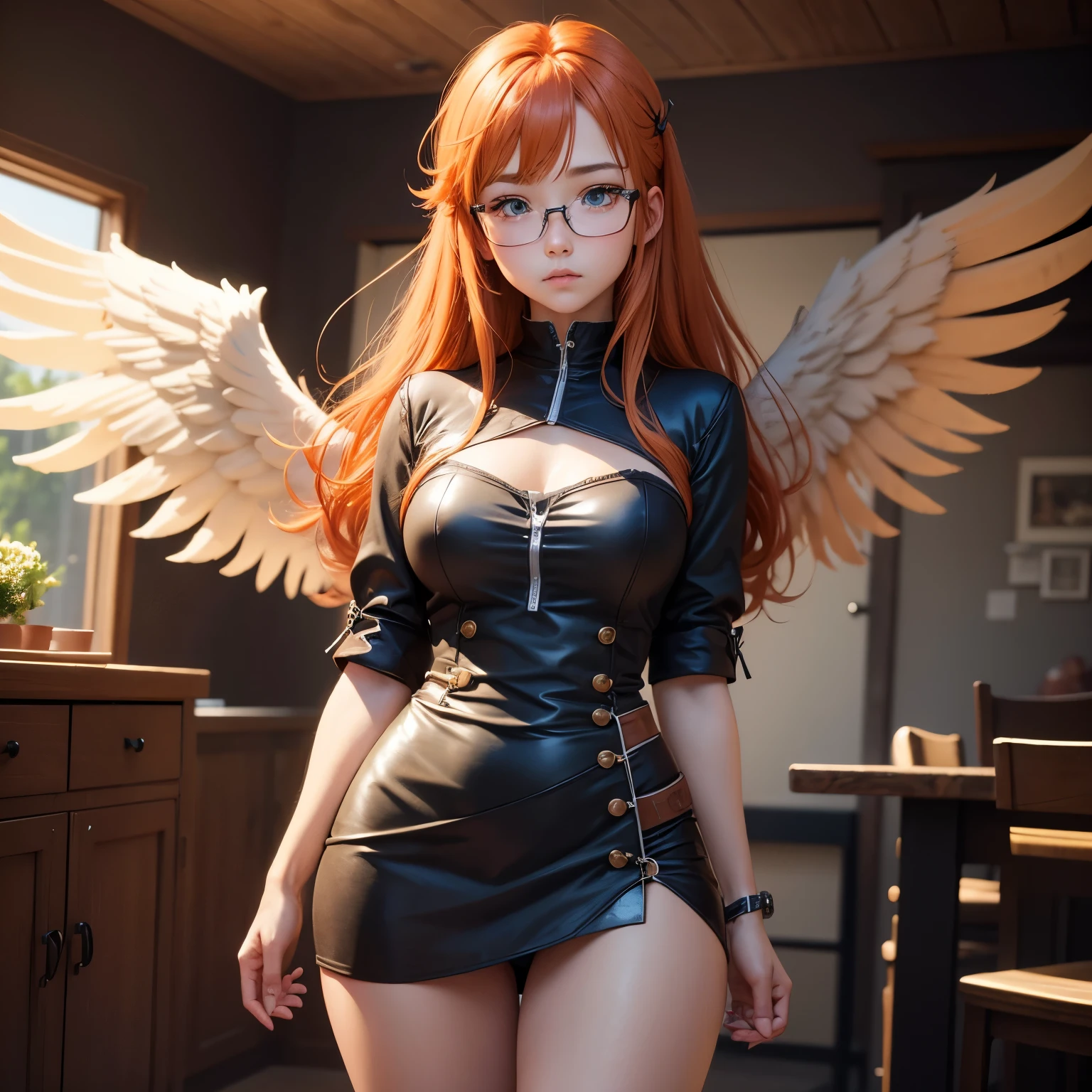 8k, masterpiece, best quality, realistic, higly detailed, cowboy shot, 1girl, solo, Itsuki Nakano, serious looking girl, medium-length hair, expressive ahoge, reddish-orange hair colour, a pair of star-shaped hairpins near both of her eyes, dark blue eyes, average height, well-endowed figure, wears glasses, cute, Angel, Winged Angel