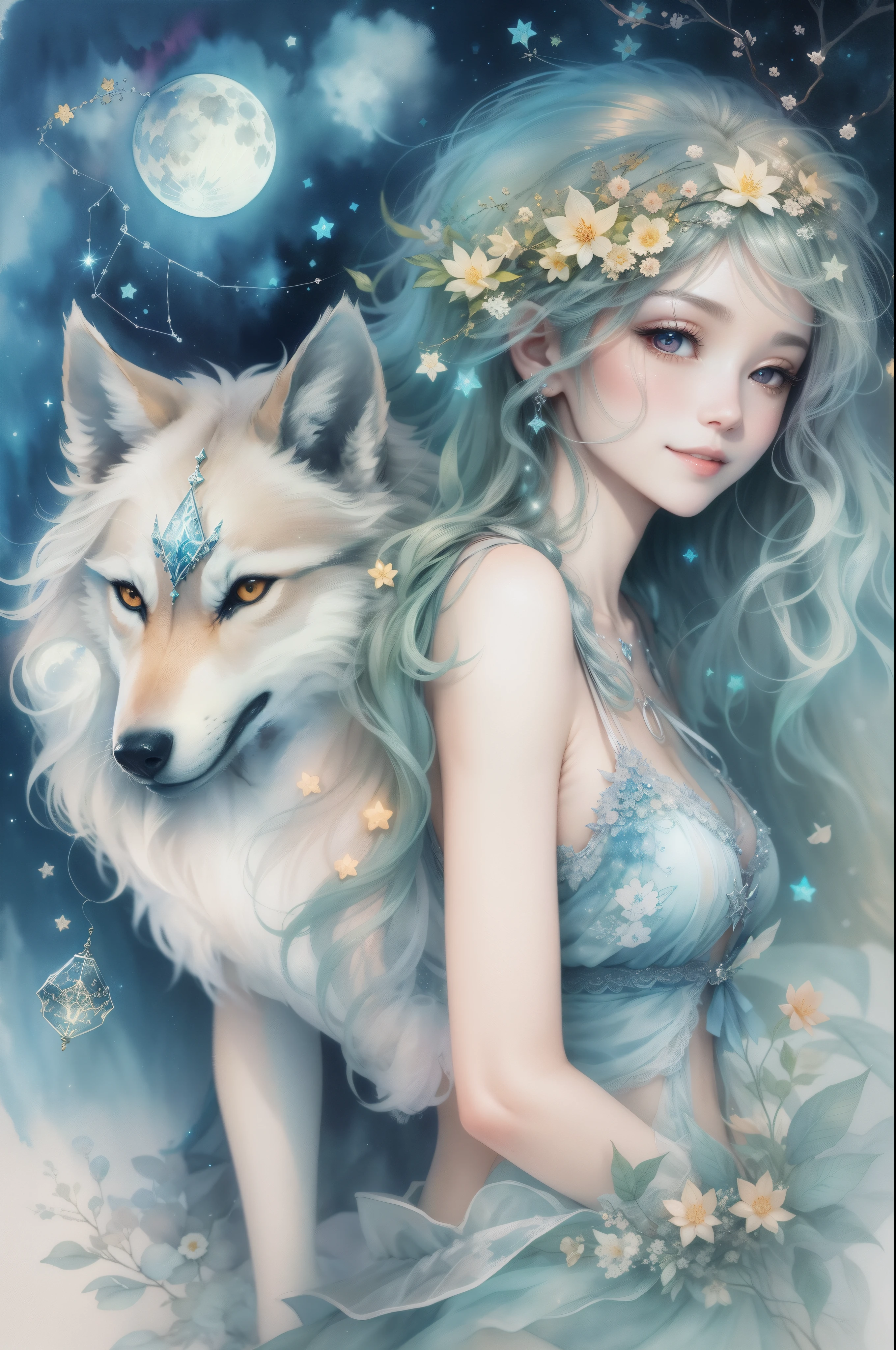 fullmoon、Transparent beautiful fairy and wolf、A smile、frei、Schillernde Farbe、constellation、GEBET、Aquarellfarbe