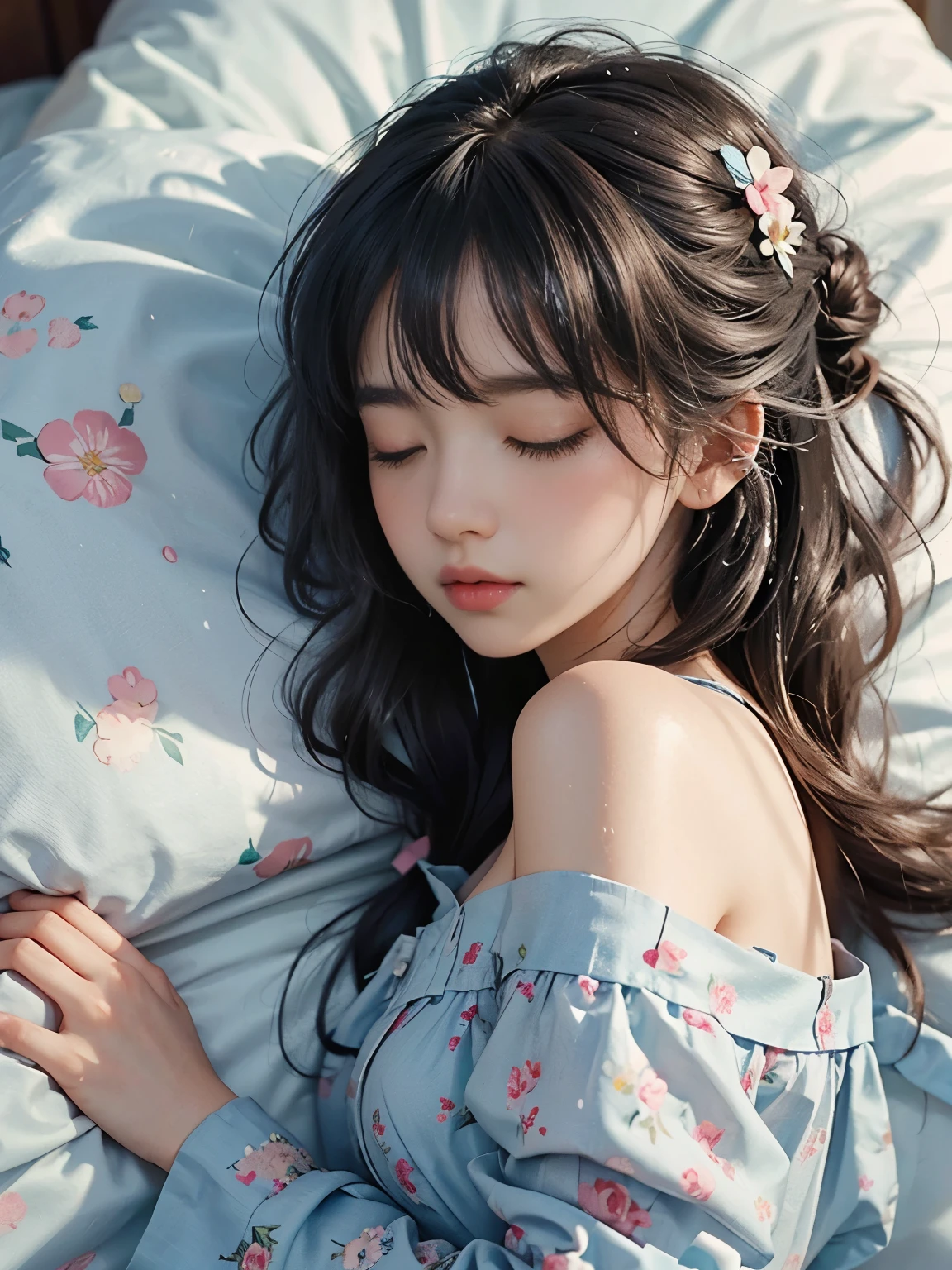 Sleeping, closed eyes, full face blush , hair bang, ribbon hair pin, wet pastel blue off shoulder dress flower printed, in bed, lovely, beautiful, flower, side view,