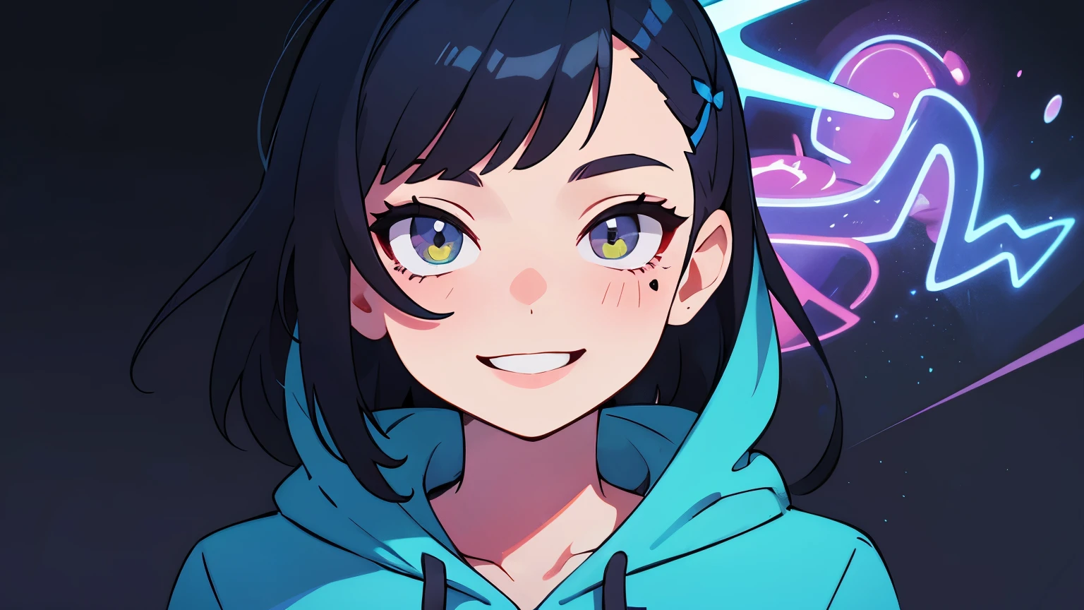 ((best quality)), ((masterpiece)), (detailed), perfect face, detailed background, masterpiece, best quality, smile, ornament, hoodie, portrait, blue neon, graffiti, dark, night, glowing eyes, blacklight