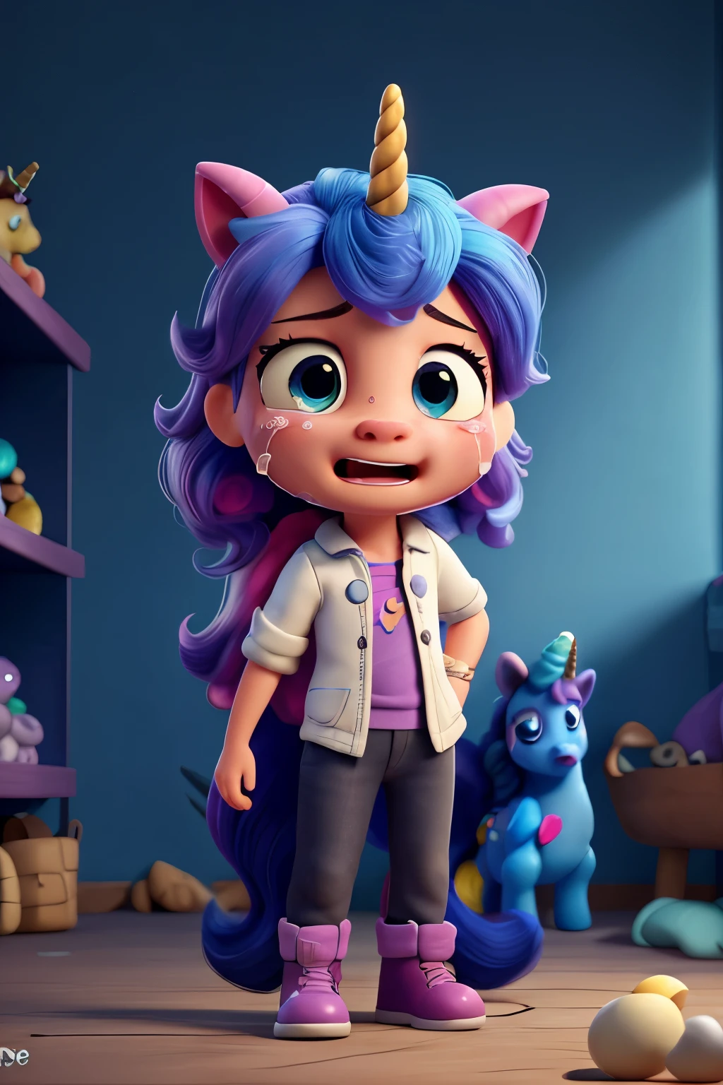 cartoon unicorn with blue hair and a black horn, (((sad, crying, down))) unicorn, white unicorn, unicorn from the tusk movie, blue unicorn, a unicorn, 3 d cavalo pet shop, unicorns, unicorn horn, bonitinho digital art, bonitinho 3 d render, bonitinho cartoon character, Chibi, bonitinho character, personagem toonix, anthropomorphic mare, my little Pony, bonitinho (((movimento)))